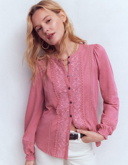 Embroidered Jersey Shirt-Pink Heather-4