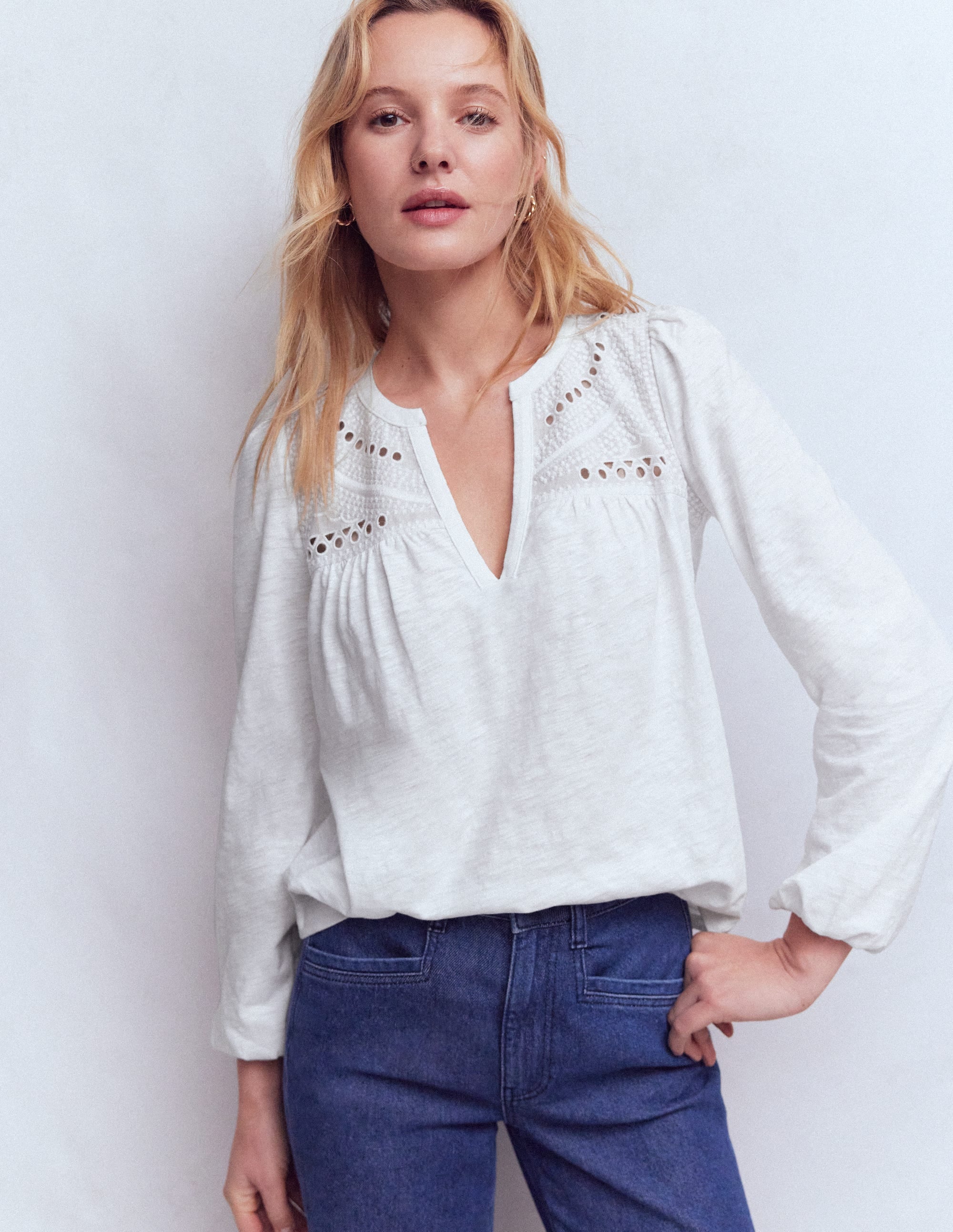 Woven-Mix Notch Neck Top-White - Image 1