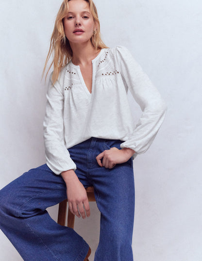 Woven-Mix Notch Neck Top-White-4