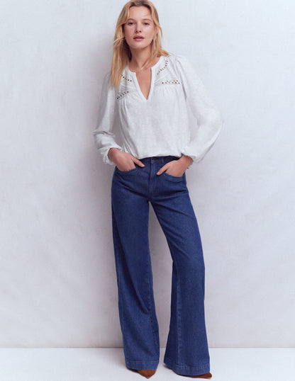 Woven-Mix Notch Neck Top-White-5