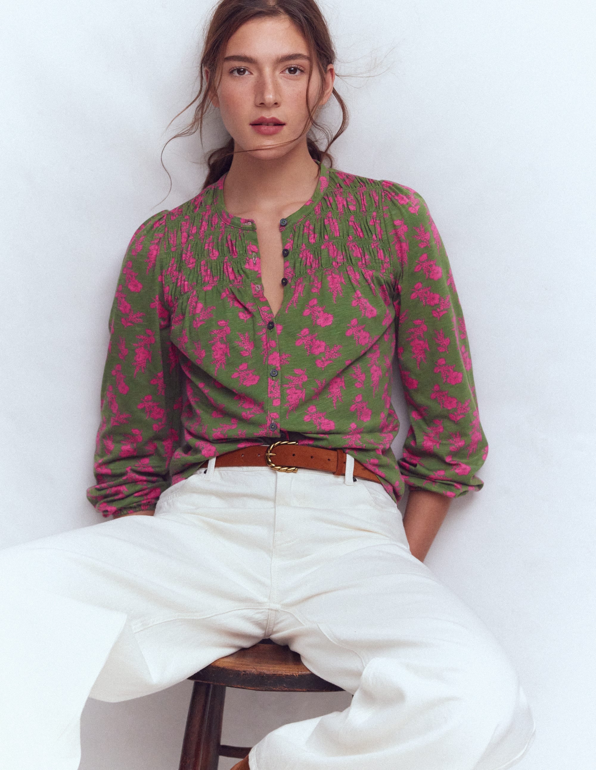 Mya Smocked Jersey Shirt-Blossomy Sprig - Image 1