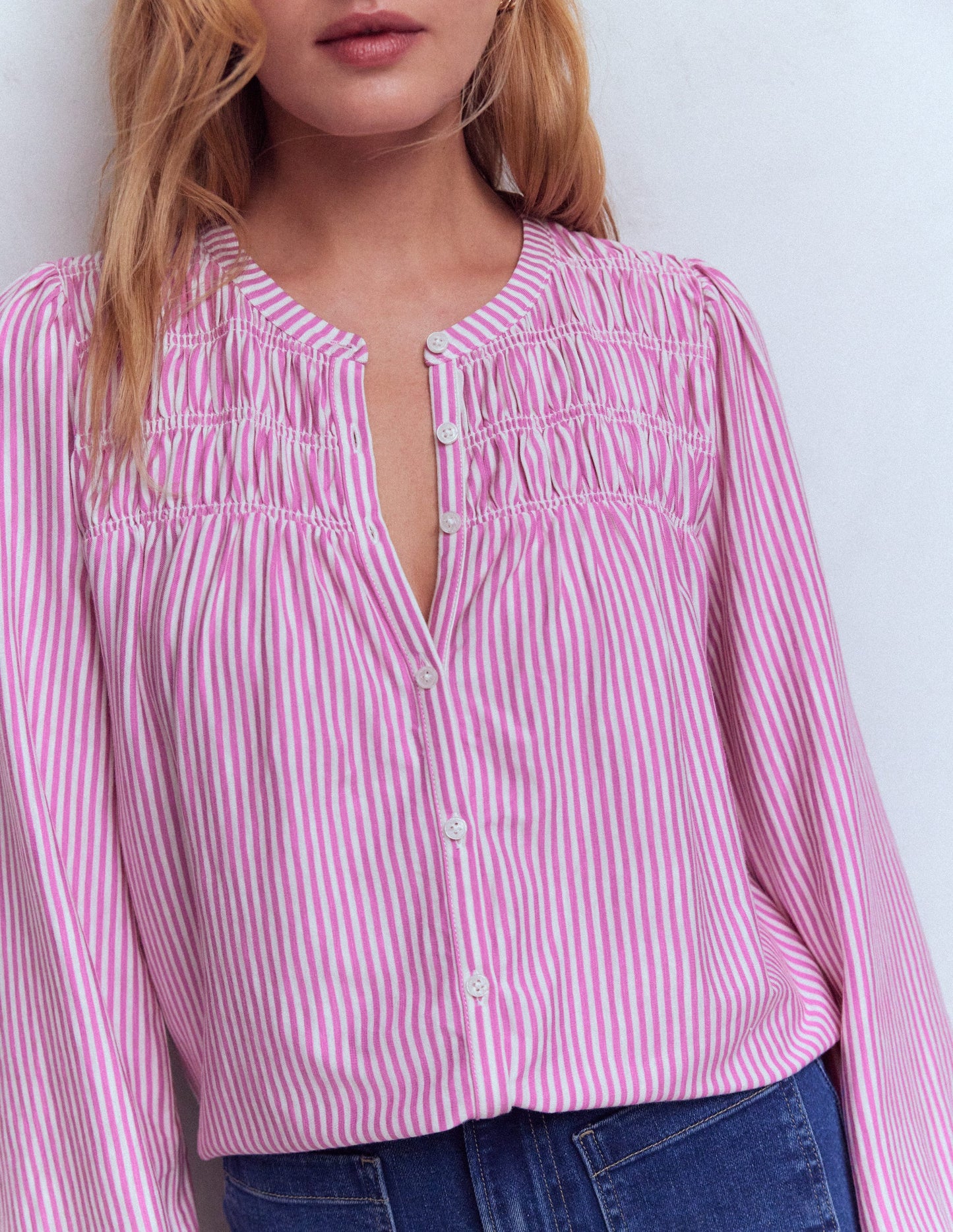 Mya Smocked Jersey Shirt-Clover Purple and Ivory Stripe