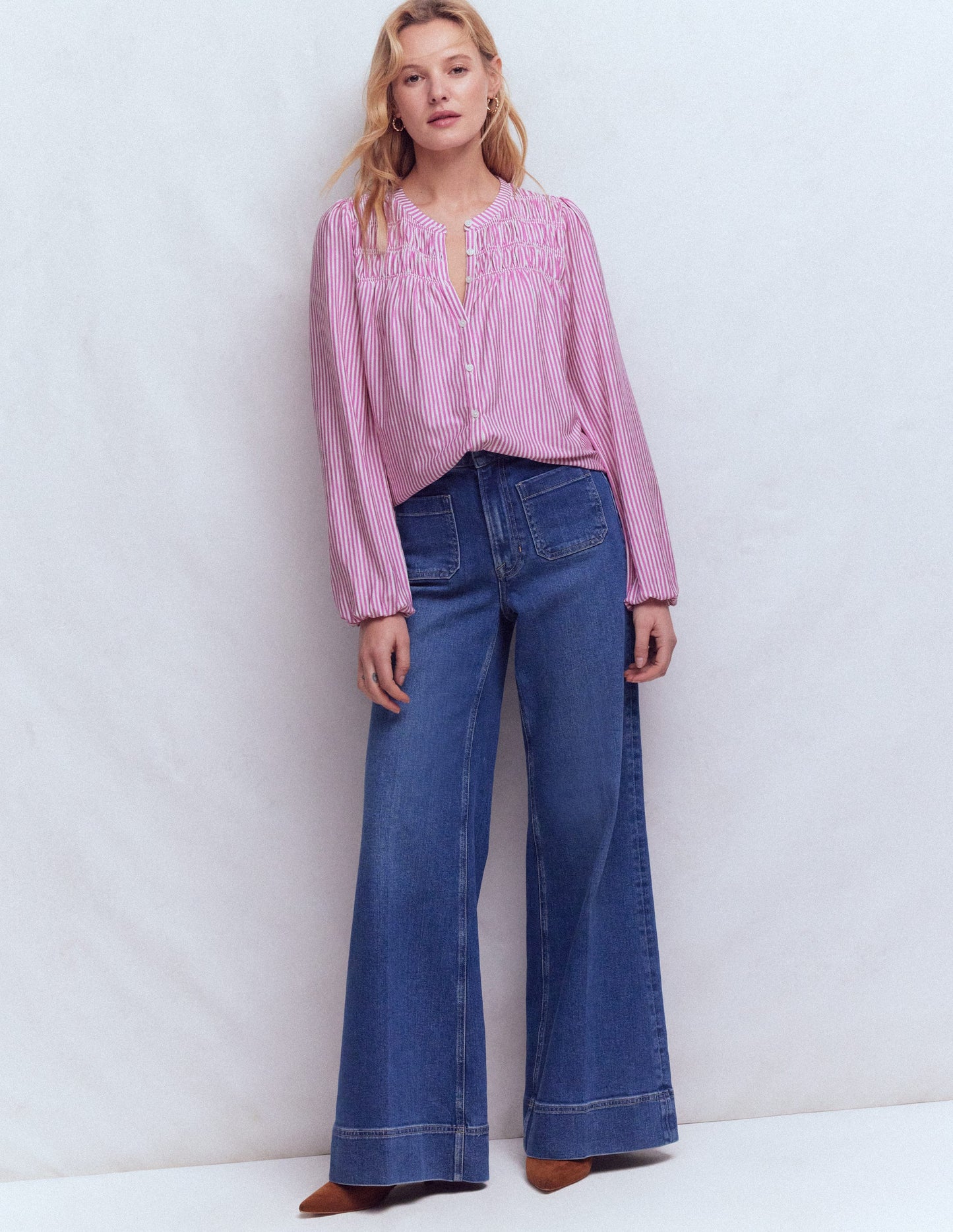 Mya Smocked Jersey Shirt-Clover Purple and Ivory Stripe