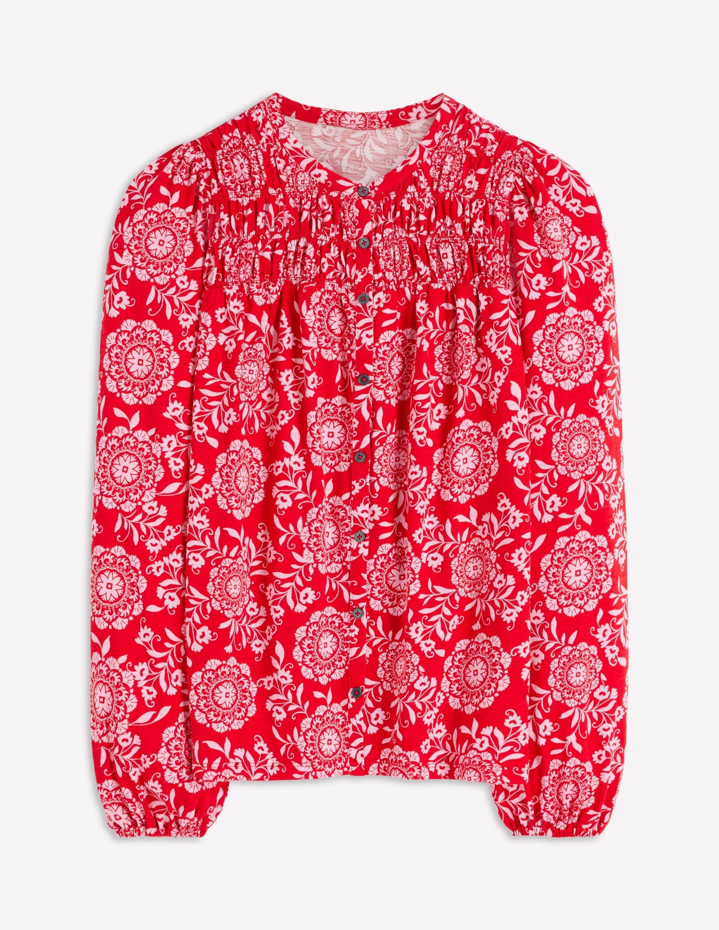 Mya Smocked Jersey Shirt-Salsa, Decorative Blossom