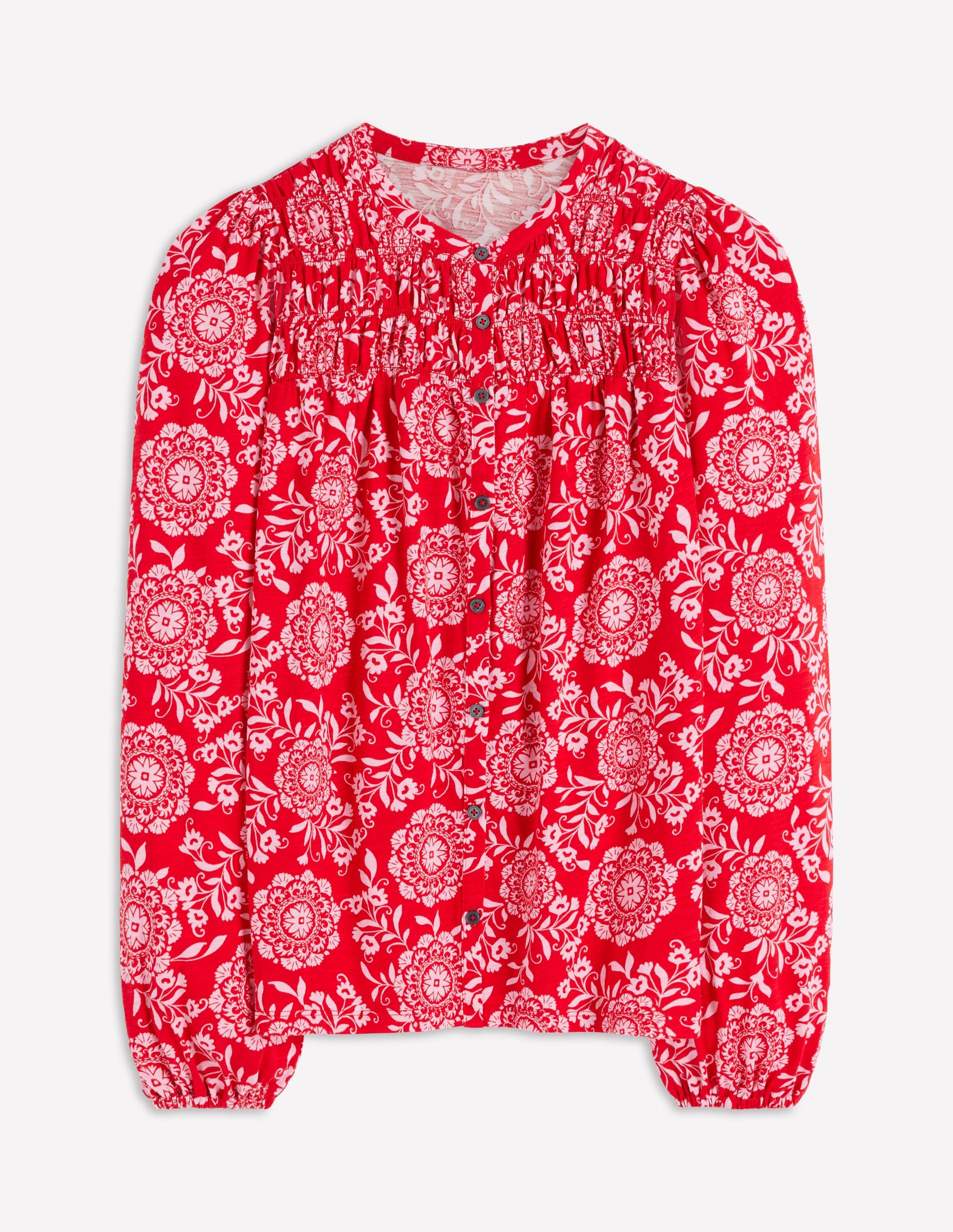 Mya Smocked Jersey Shirt-Salsa, Decorative Blossom-5