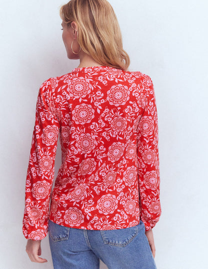 Mya Smocked Jersey Shirt-Salsa, Decorative Blossom-3