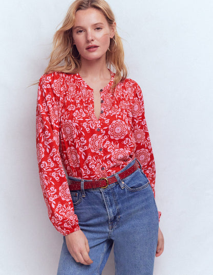 Mya Smocked Jersey Shirt-Salsa, Decorative Blossom-4