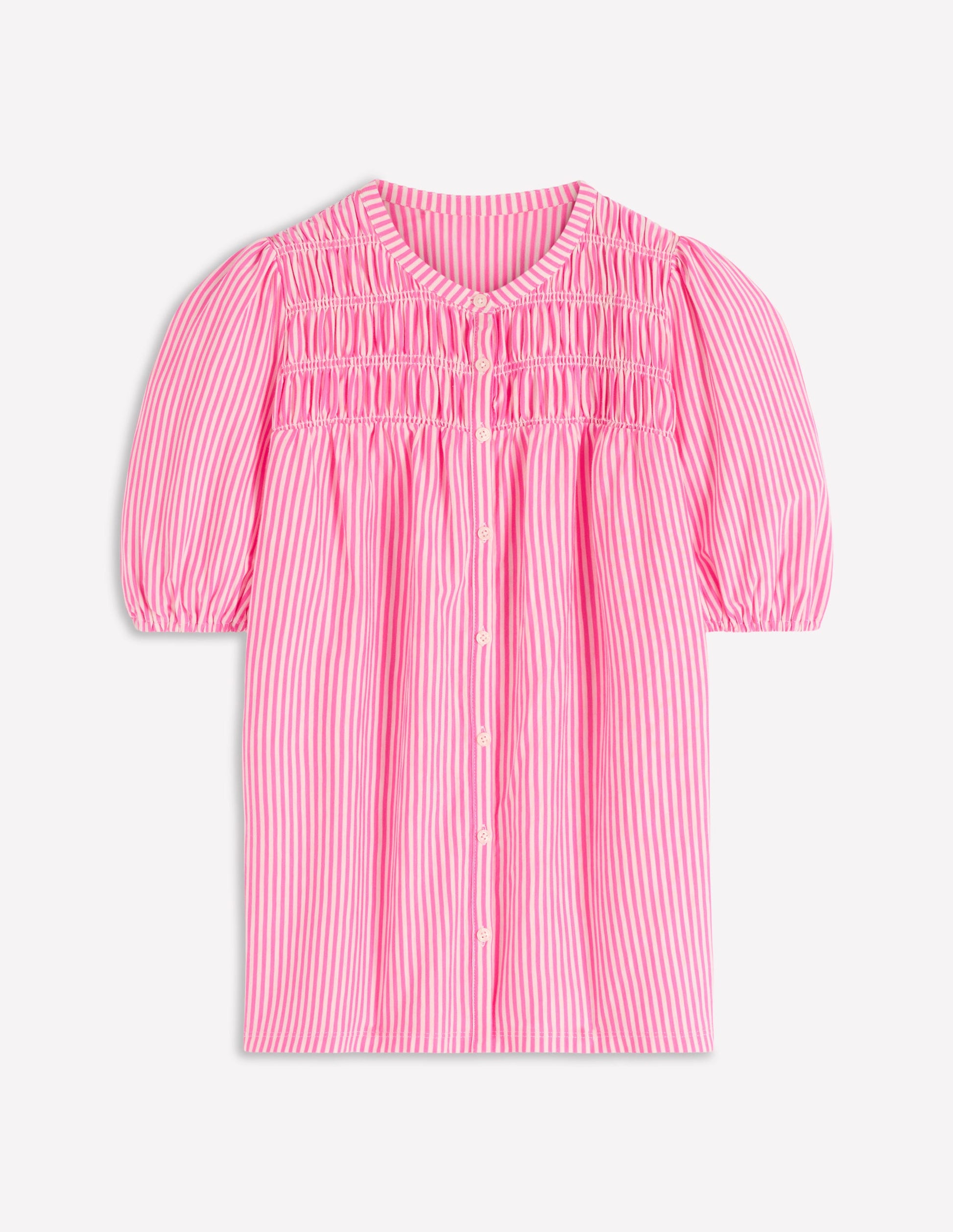Mya Short Sleeve Smocked Shirt-Pink Punch and Ivory Stripe-6