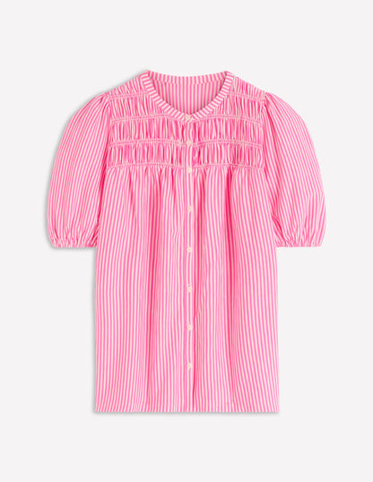 Mya Short Sleeve Smocked Shirt-Pink Punch and Ivory Stripe-6