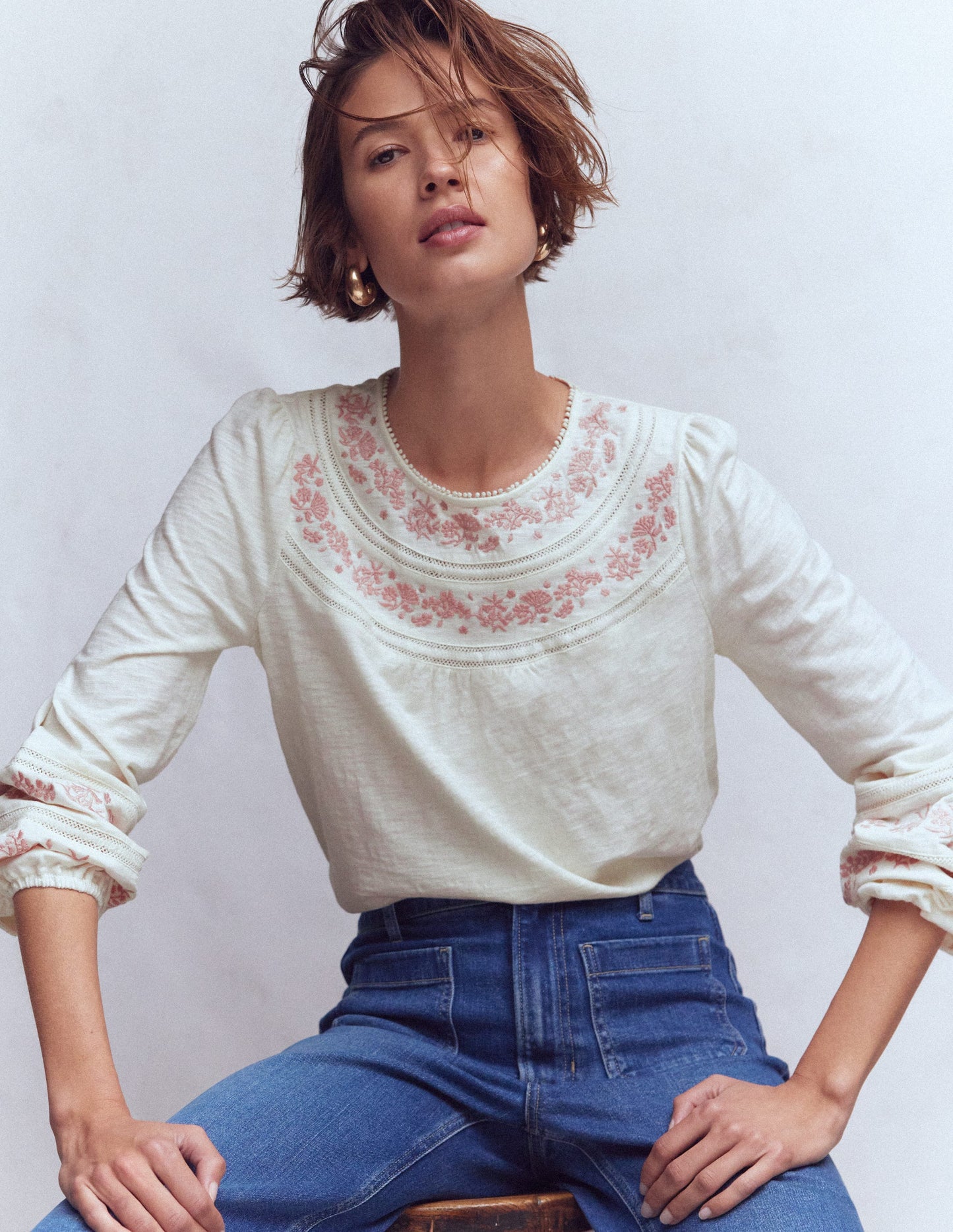 Rosie Embroidered Jersey Top-Ivory