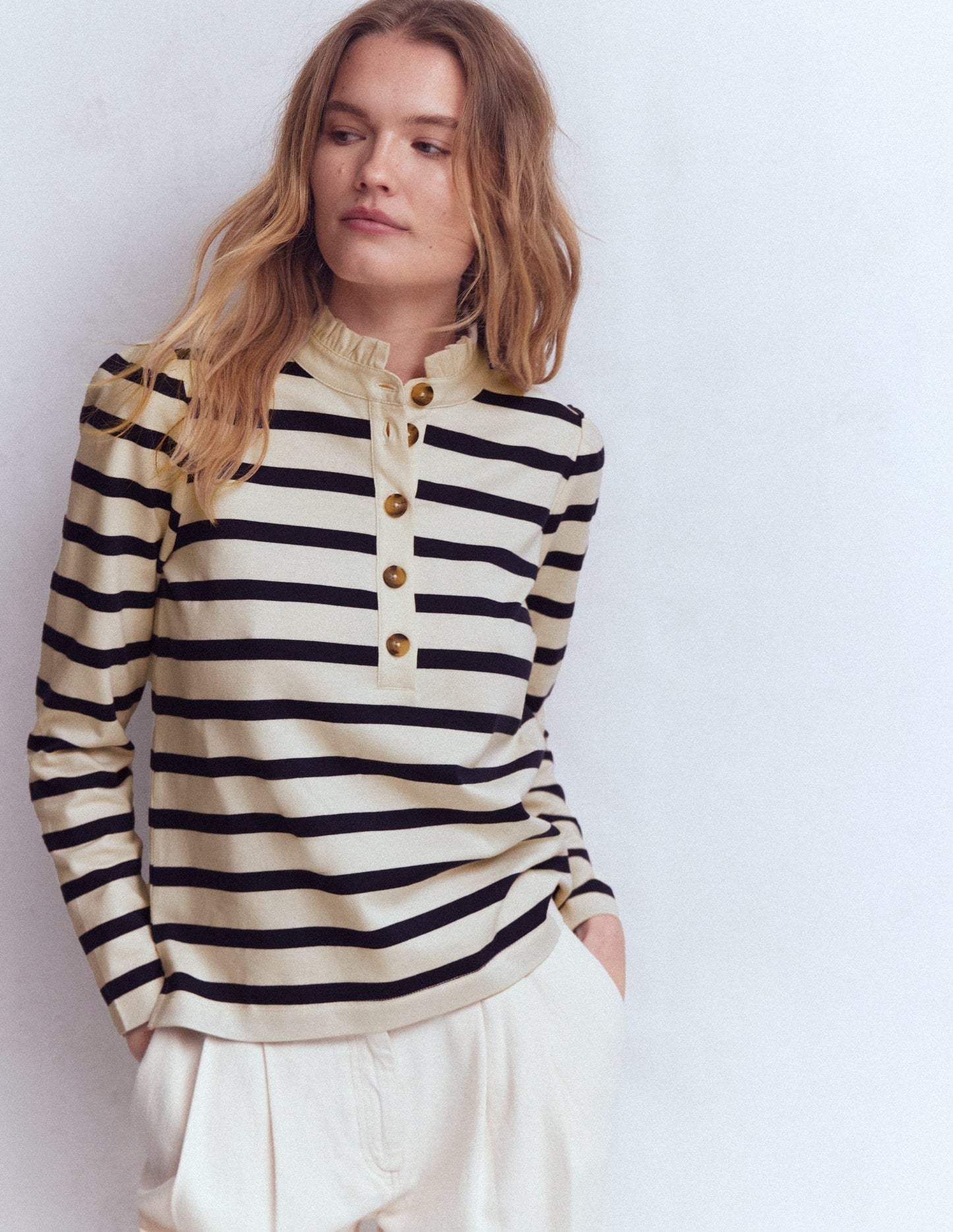 Ruffle Collar Mariner-Ivory and Navy Stripe