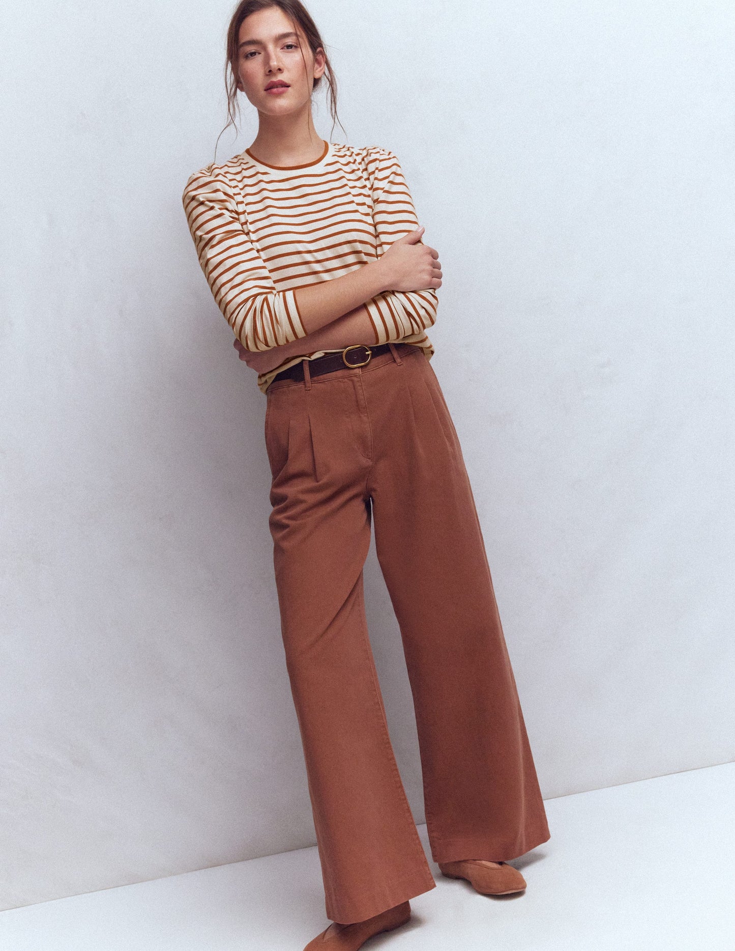 Pleat Sleeve Stripe Top-Ginger and Ivory Stripe