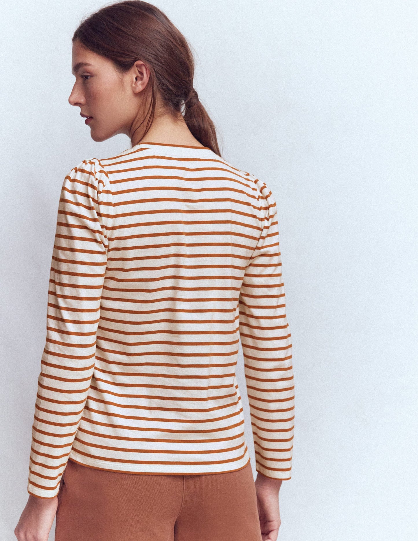 Pleat Sleeve Stripe Top-Ginger and Ivory Stripe