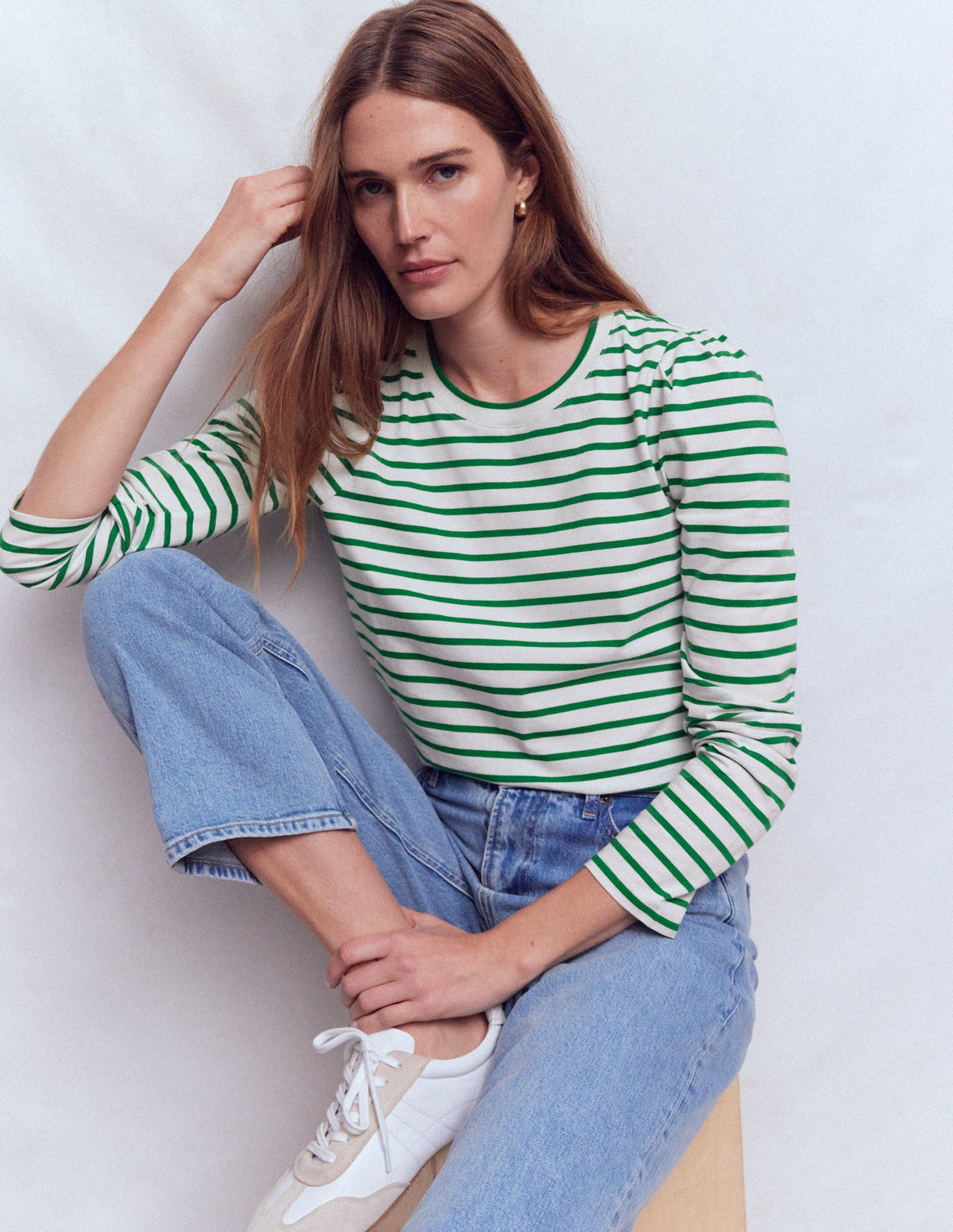 Pleat Sleeve Stripe Top-Jewel Green and Ivory Stripe - Image 1