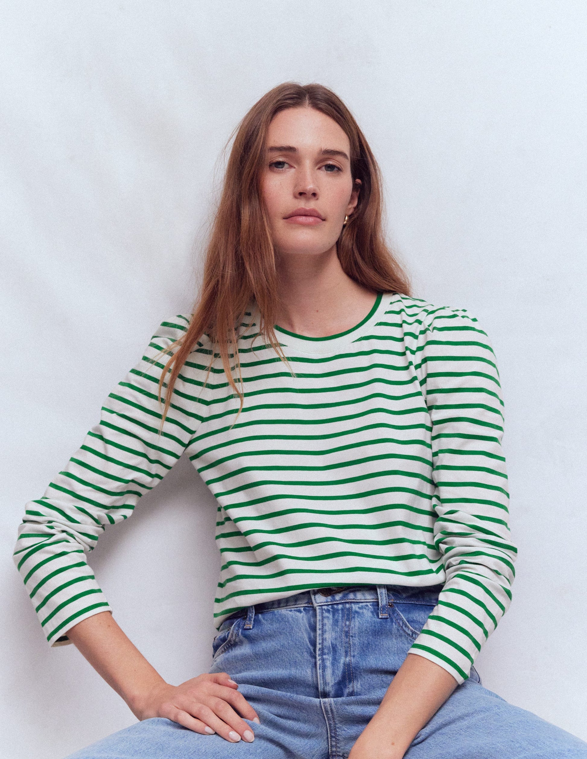 Pleat Sleeve Stripe Top-Jewel Green and Ivory Stripe-4