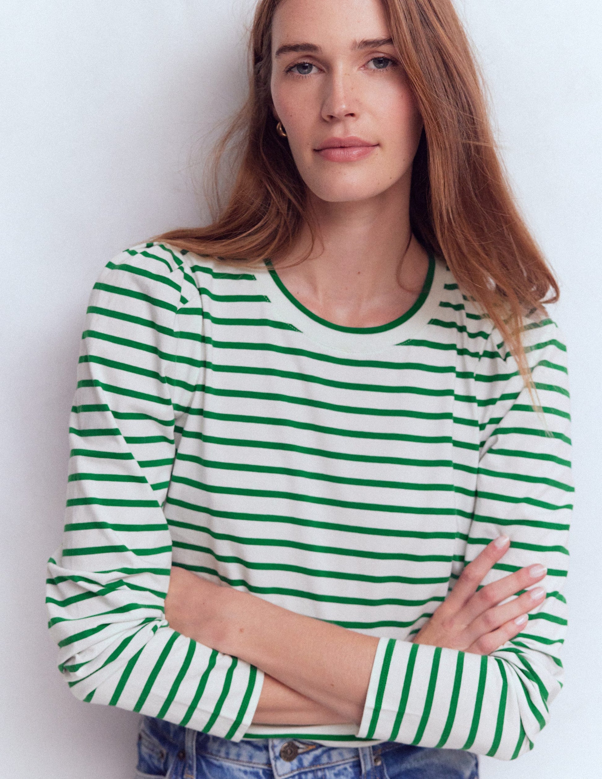 Pleat Sleeve Stripe Top-Jewel Green and Ivory Stripe-5