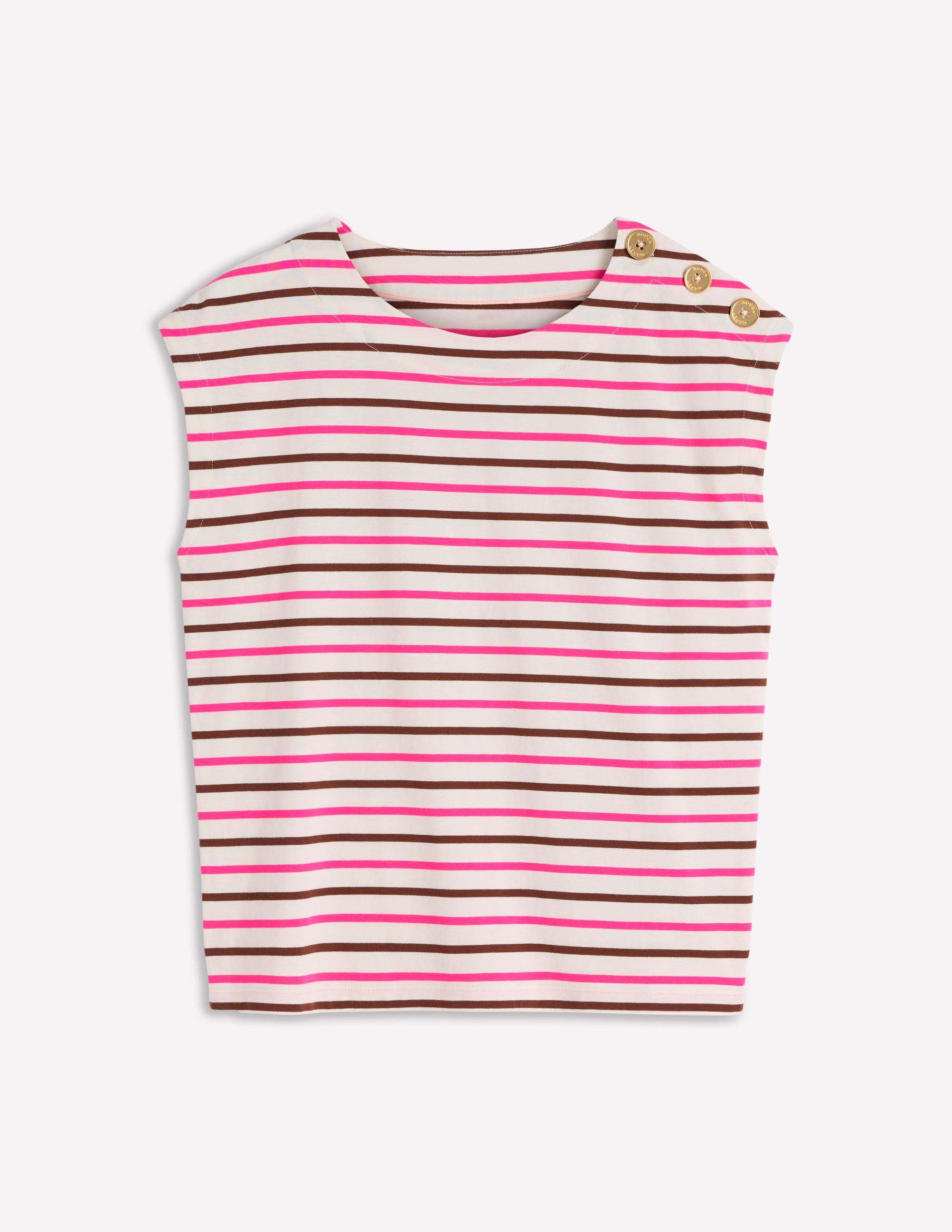 Button Detail T-Shirt-Pink Peony, Raw Umber Stripe - Image 5