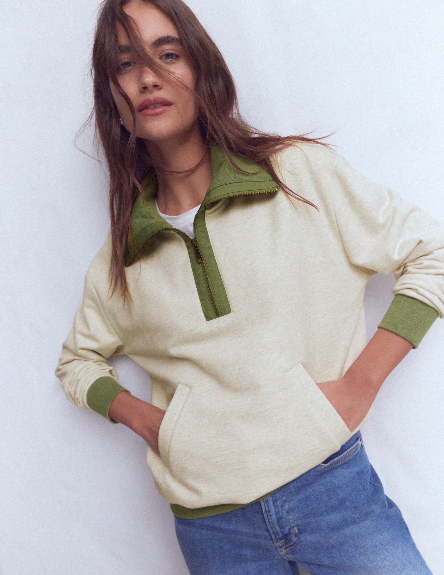Colourblock Sweatshirt-Khaki and Oatmeal Marl