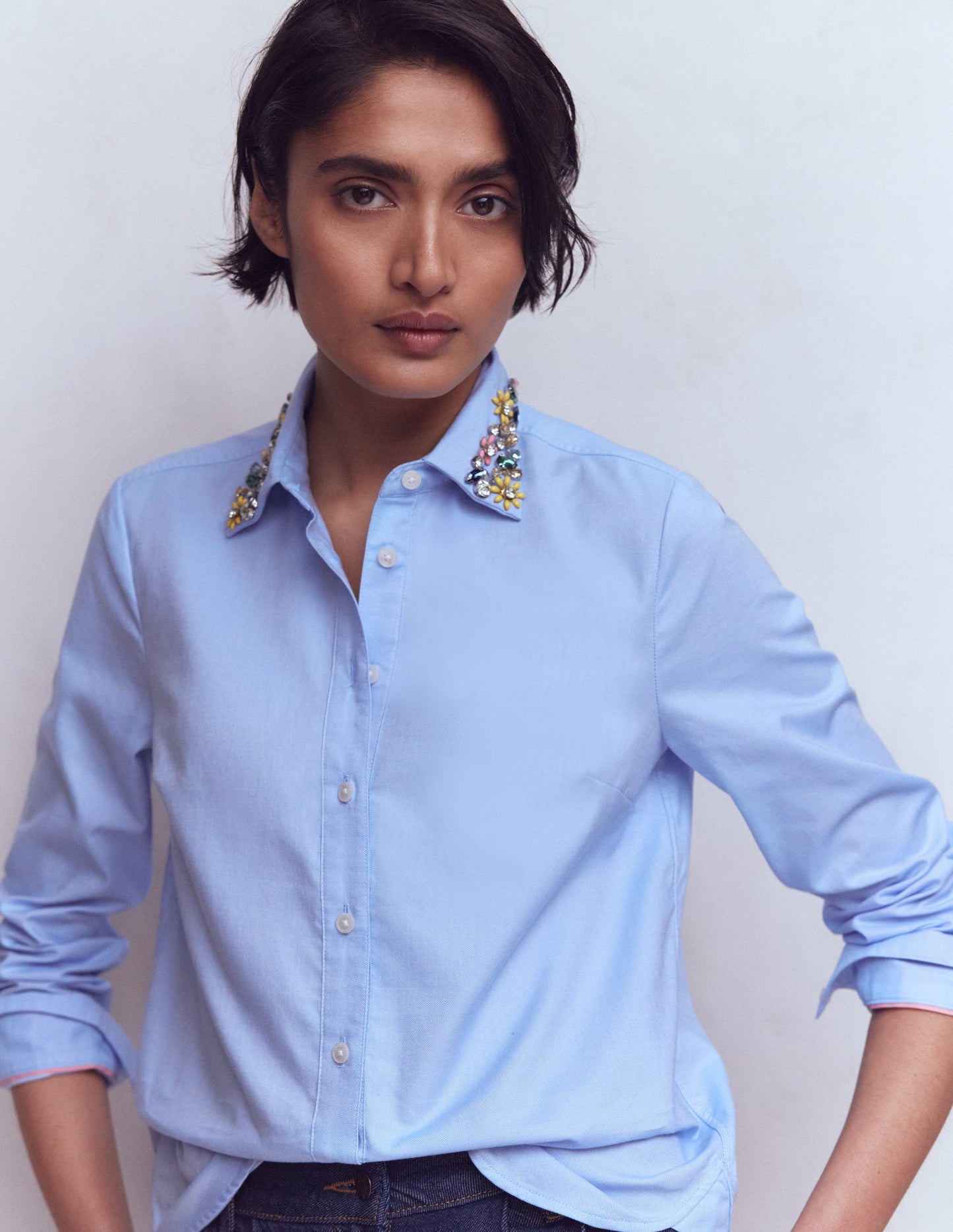 Sienna Trim Detail Shirt-BLUE OXFORD, JEWEL COLLAR