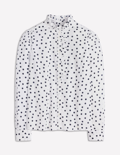 Isabel Ruffle Cotton Shirt-Ivory and Navy Spot-5