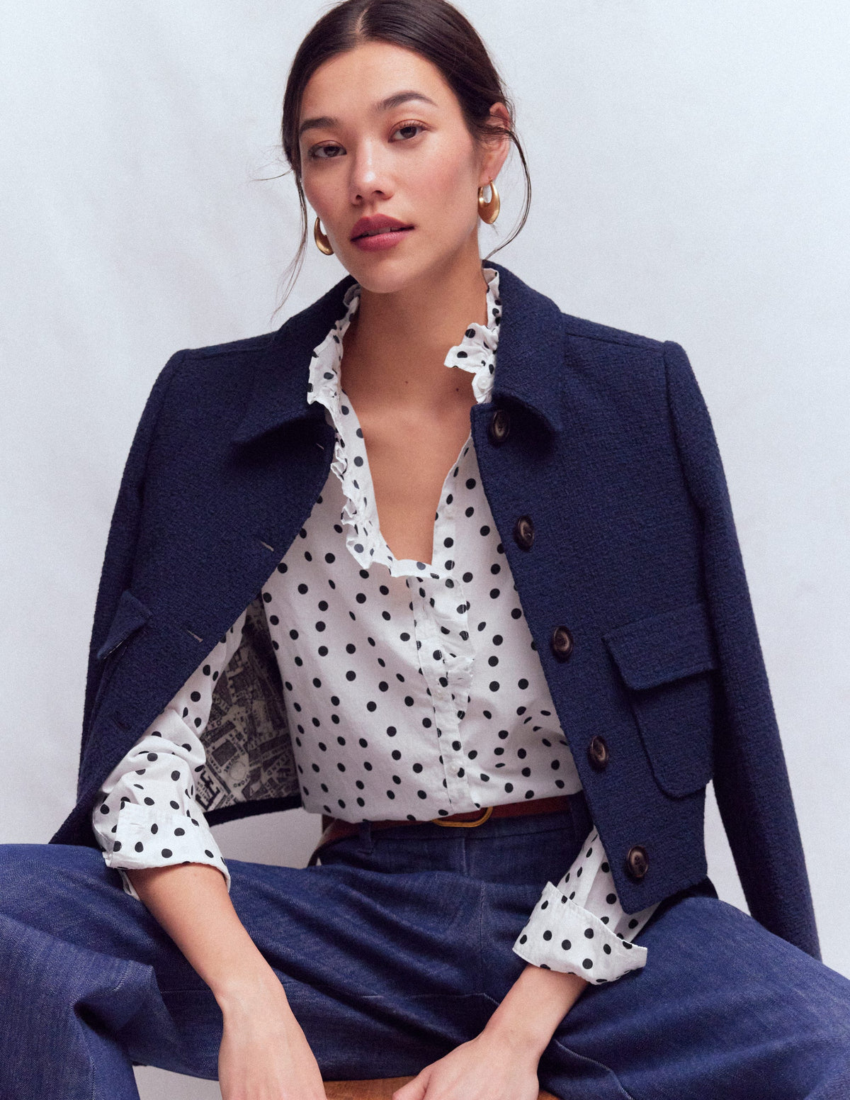 Isabel Ruffle Cotton Shirt-Navy and Ivory, Painted Dot - Image 1