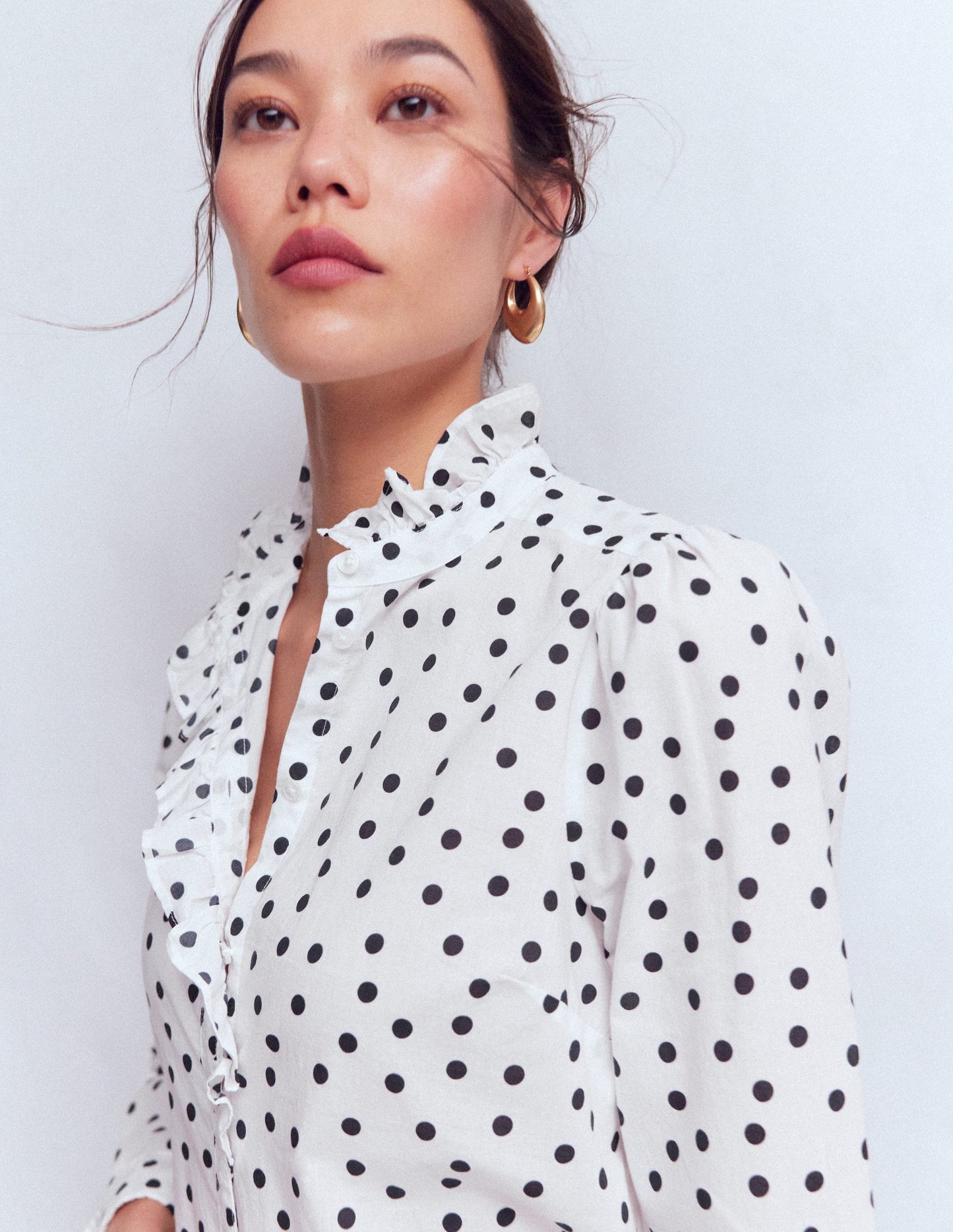 Isabel Ruffle Cotton Shirt-Ivory and Navy Spot