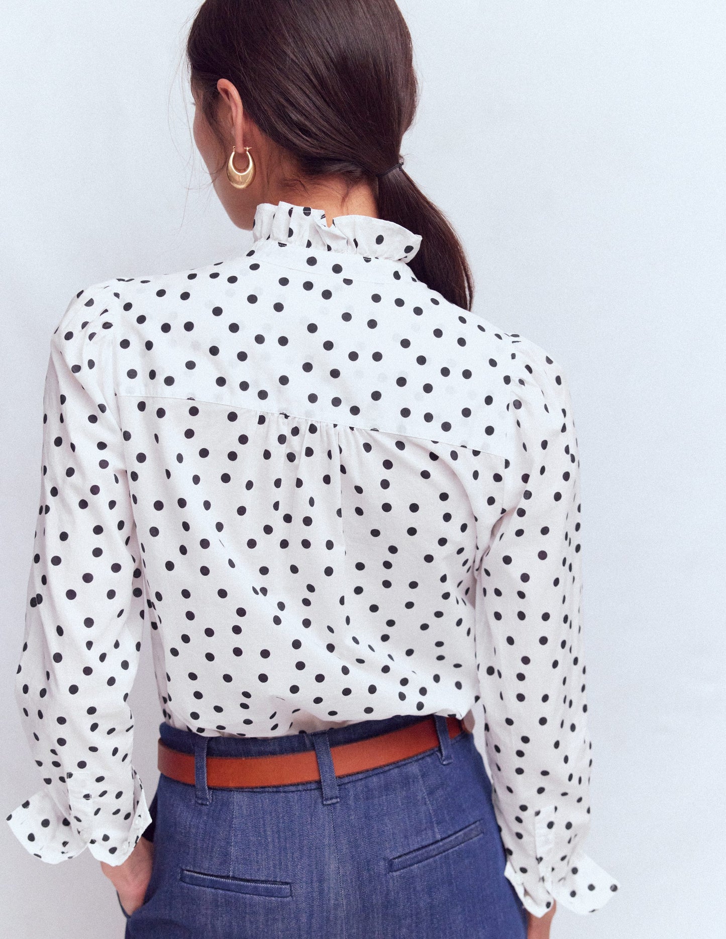 Isabel Ruffle Cotton Shirt-Ivory and Navy Spot