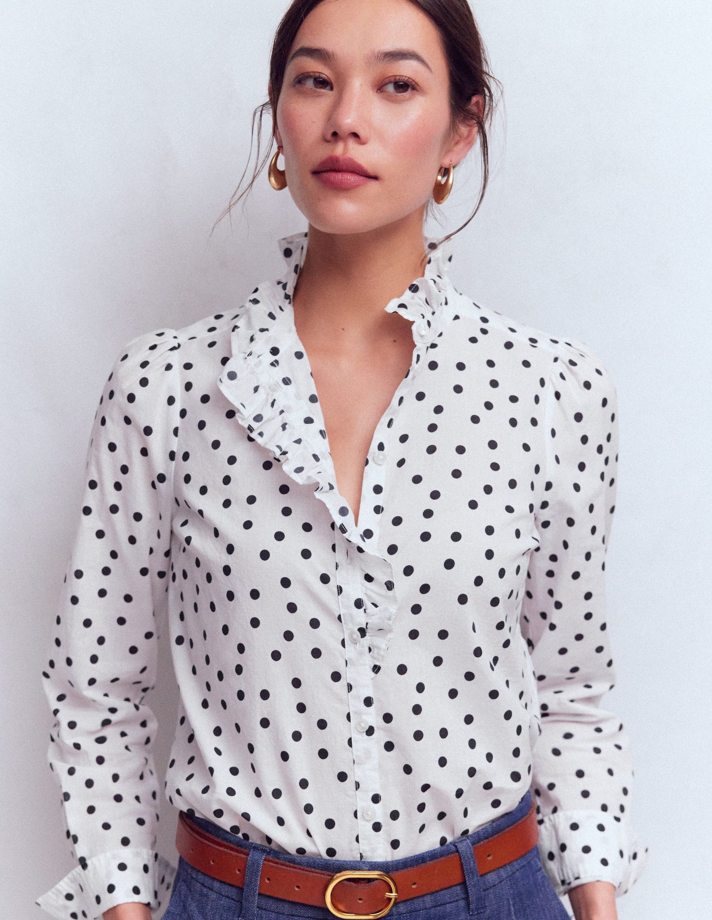 Isabel Ruffle Cotton Shirt-Ivory and Navy Spot