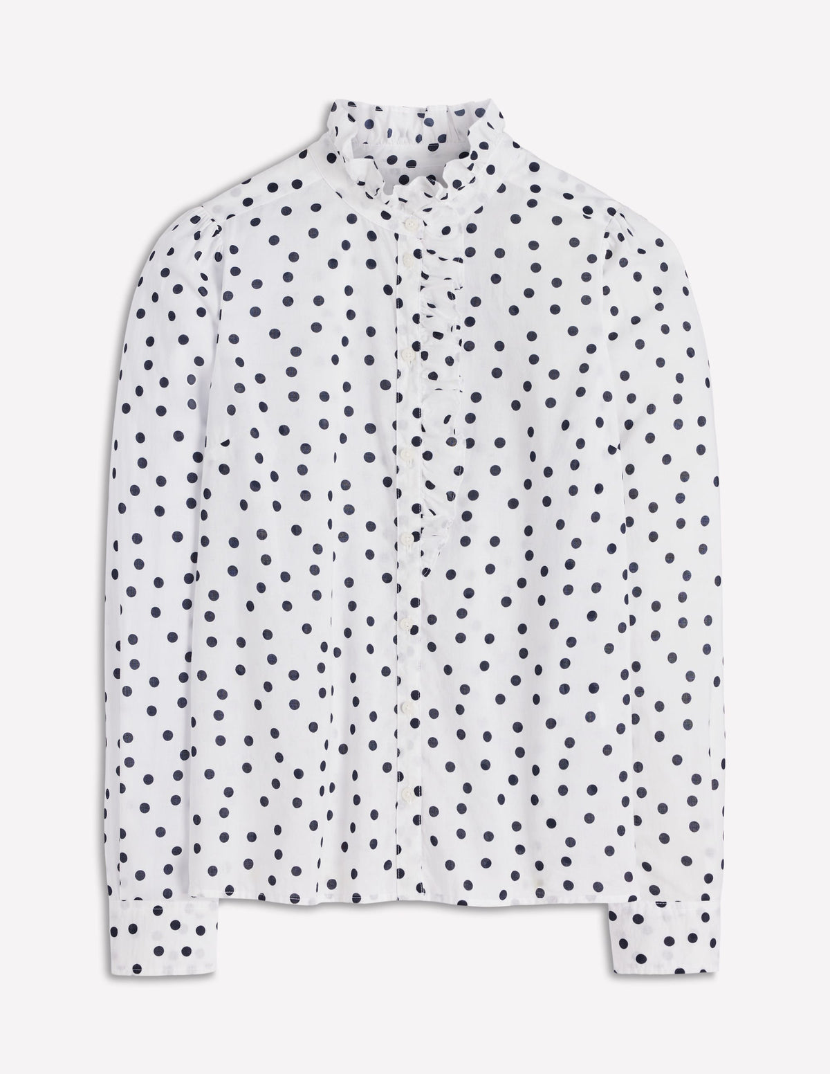 Isabel Ruffle Cotton Shirt-Navy and Ivory, Painted Dot - Image 5