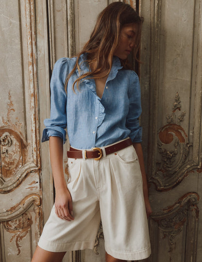 Isabel Ruffle Linen Shirt-Chambray-1