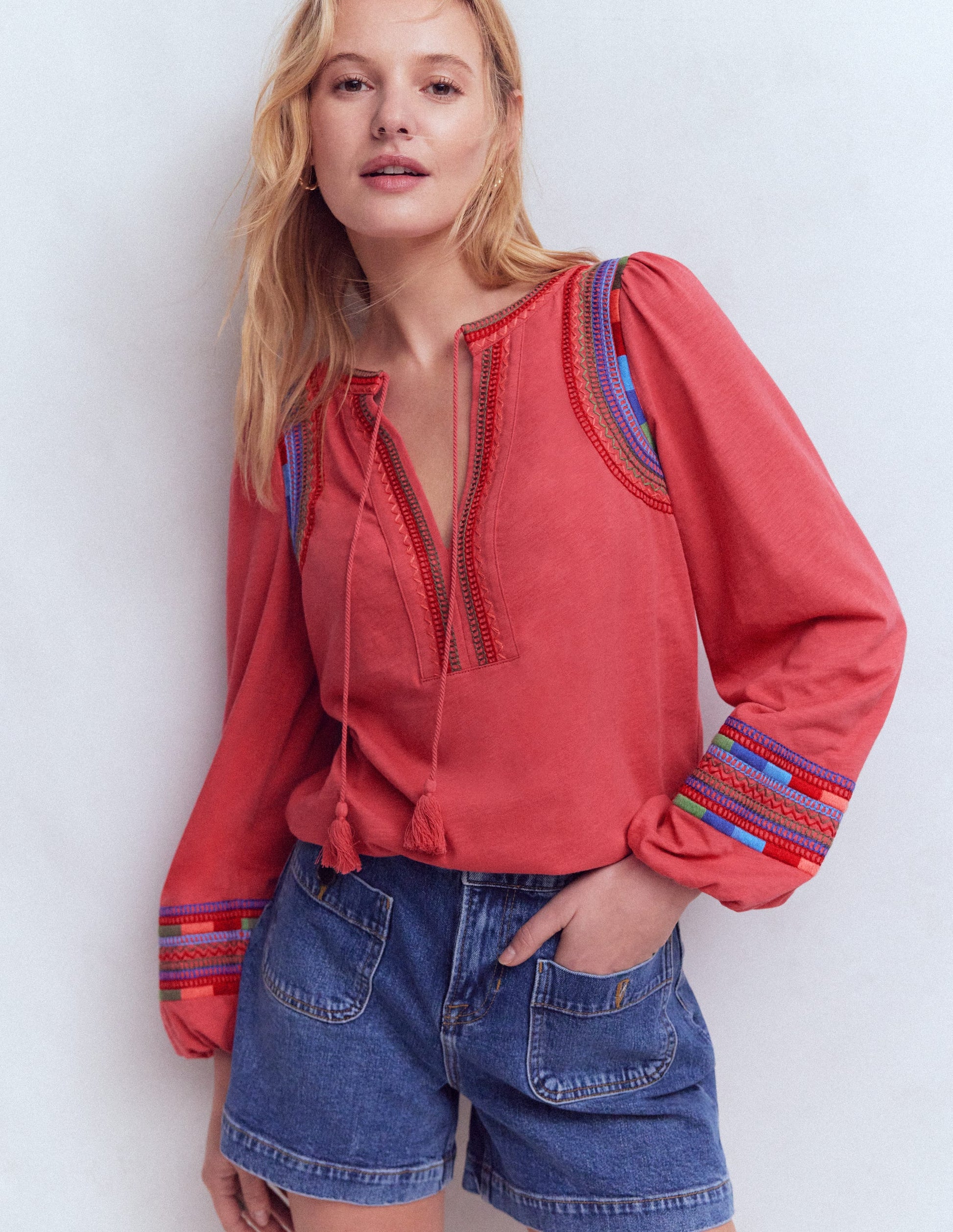 Notch Neck Embroidered Top-Holly Berry-1