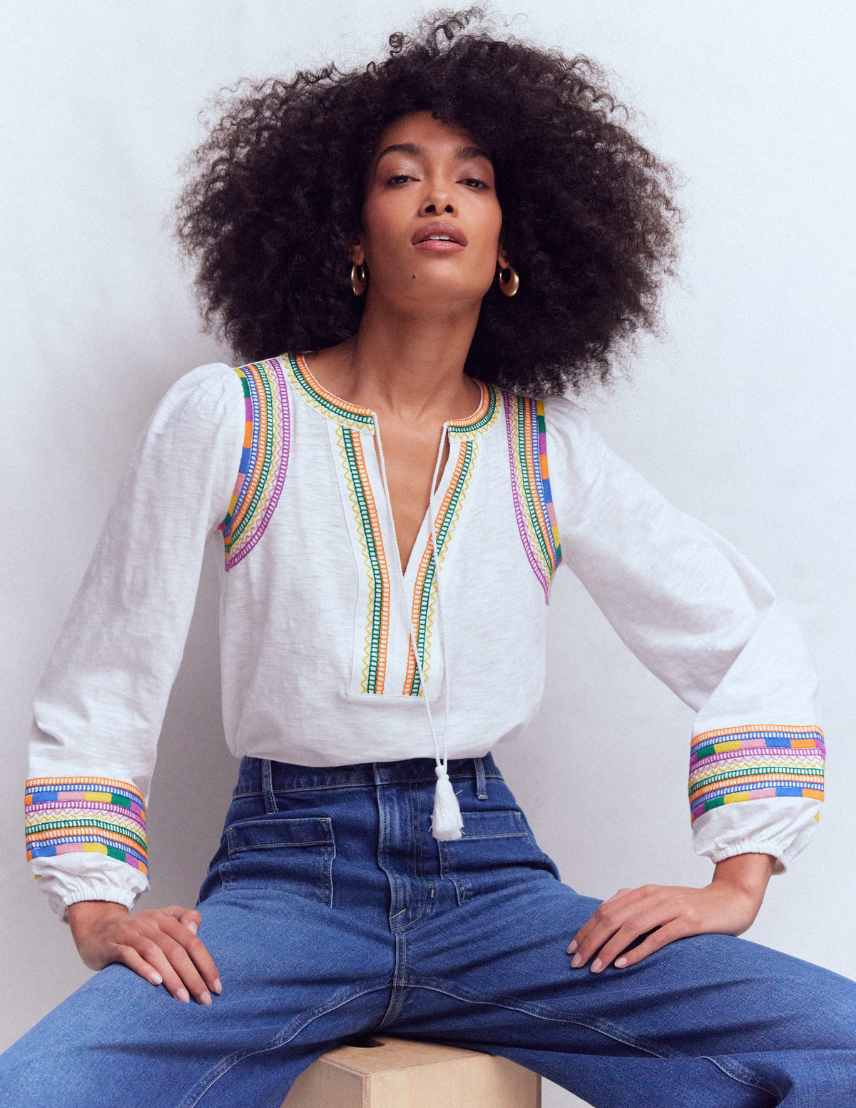 Notch Neck Embroidered Top-White Multi Embroidery - Image 1