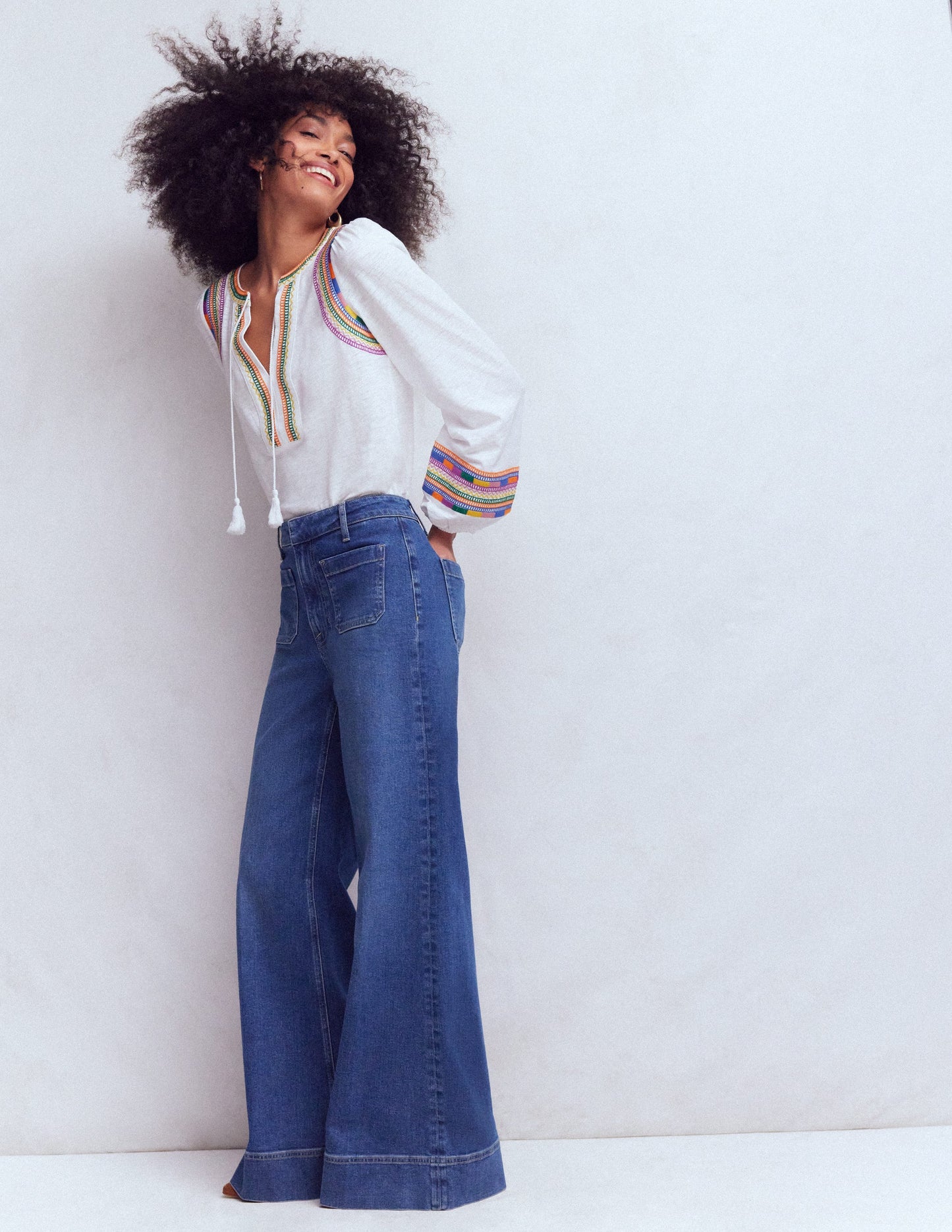 Notch Neck Embroidered Top-White Multi Embroidery