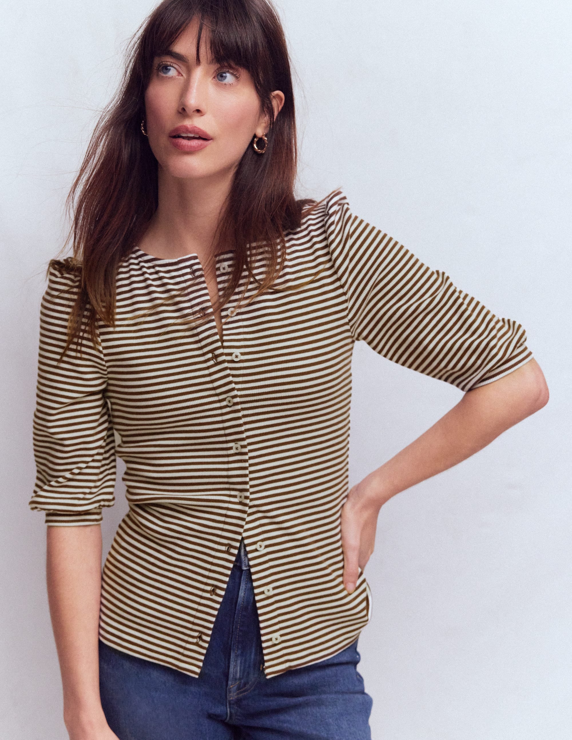 Evie Ribbed Puff Sleeve Top-Potting Soil, Ivory Stripe - Image 1