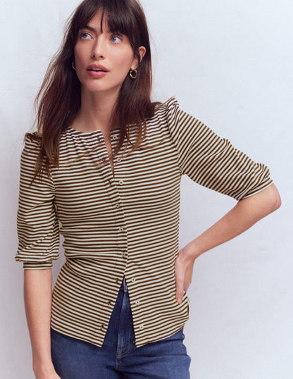 Evie Ribbed Puff Sleeve Top-Potting Soil, Ivory Stripe-1