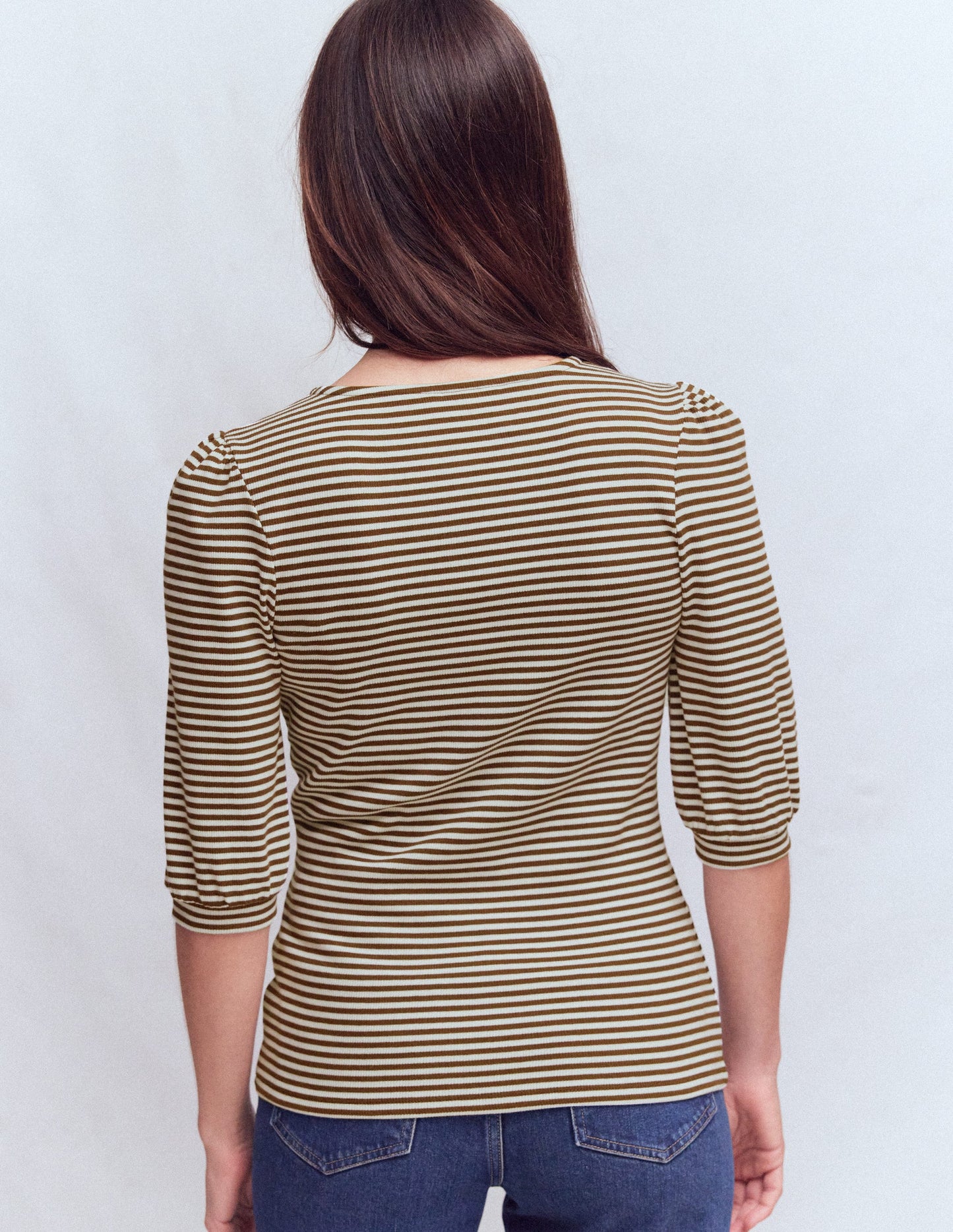 Evie Ribbed Puff Sleeve Top-Potting Soil, Ivory Stripe