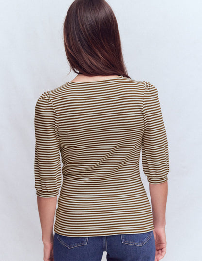 Evie Ribbed Puff Sleeve Top-Potting Soil, Ivory Stripe-3