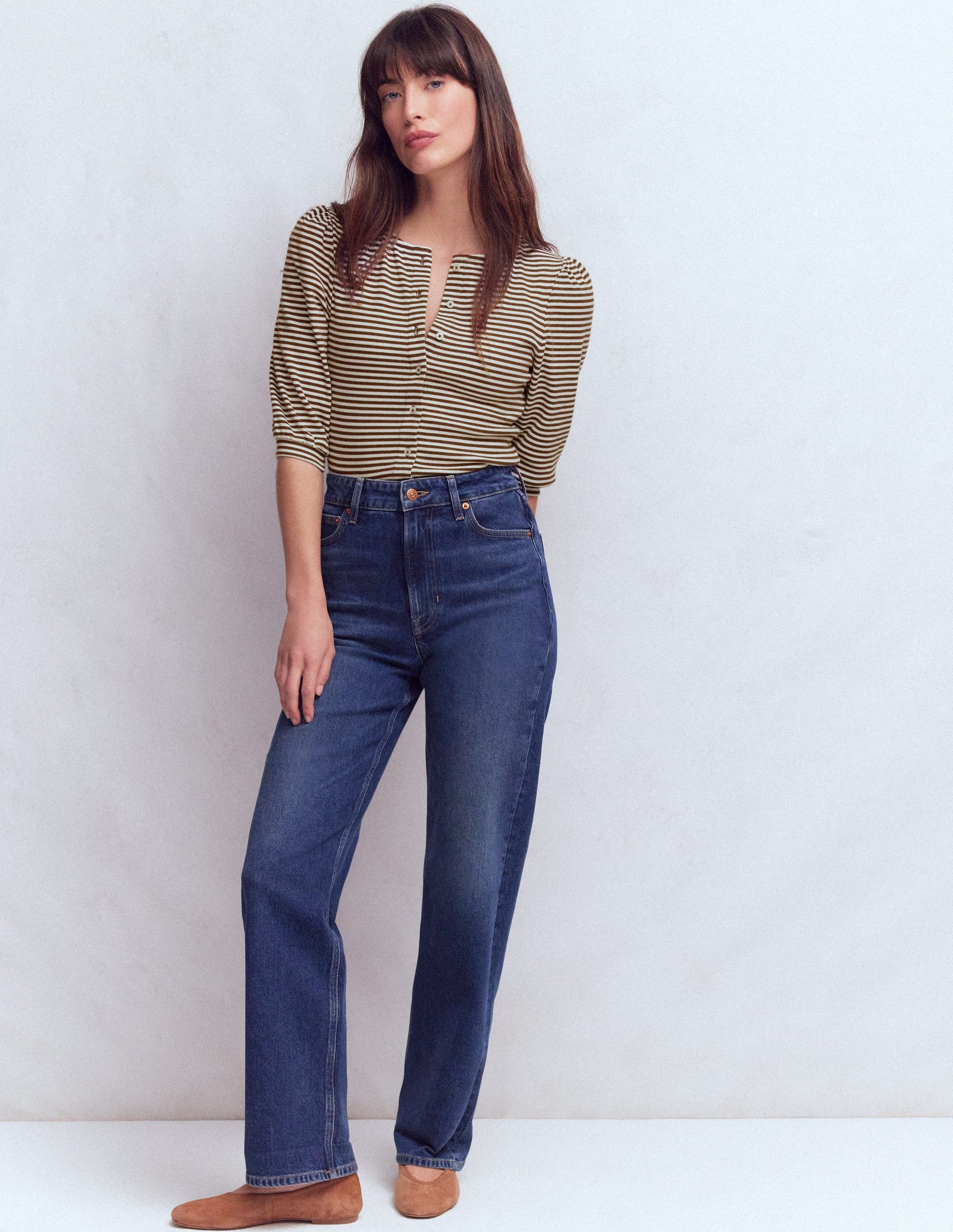 Evie Ribbed Puff Sleeve Top-Potting Soil, Ivory Stripe-4