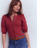 Evie Ribbed Puff Sleeve Top-Terracotta Red