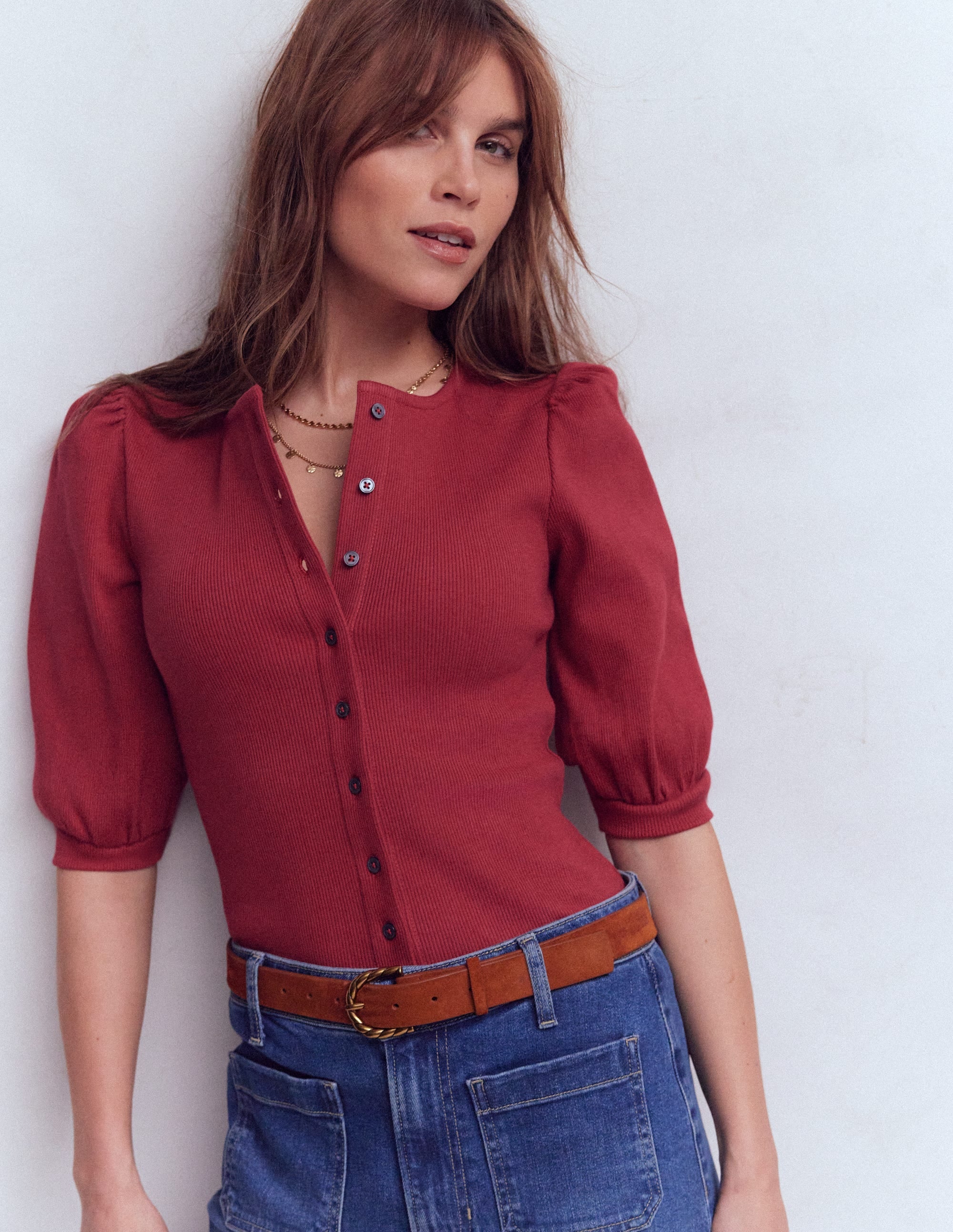 Evie Ribbed Puff Sleeve Top-Terracotta Red - Image 1