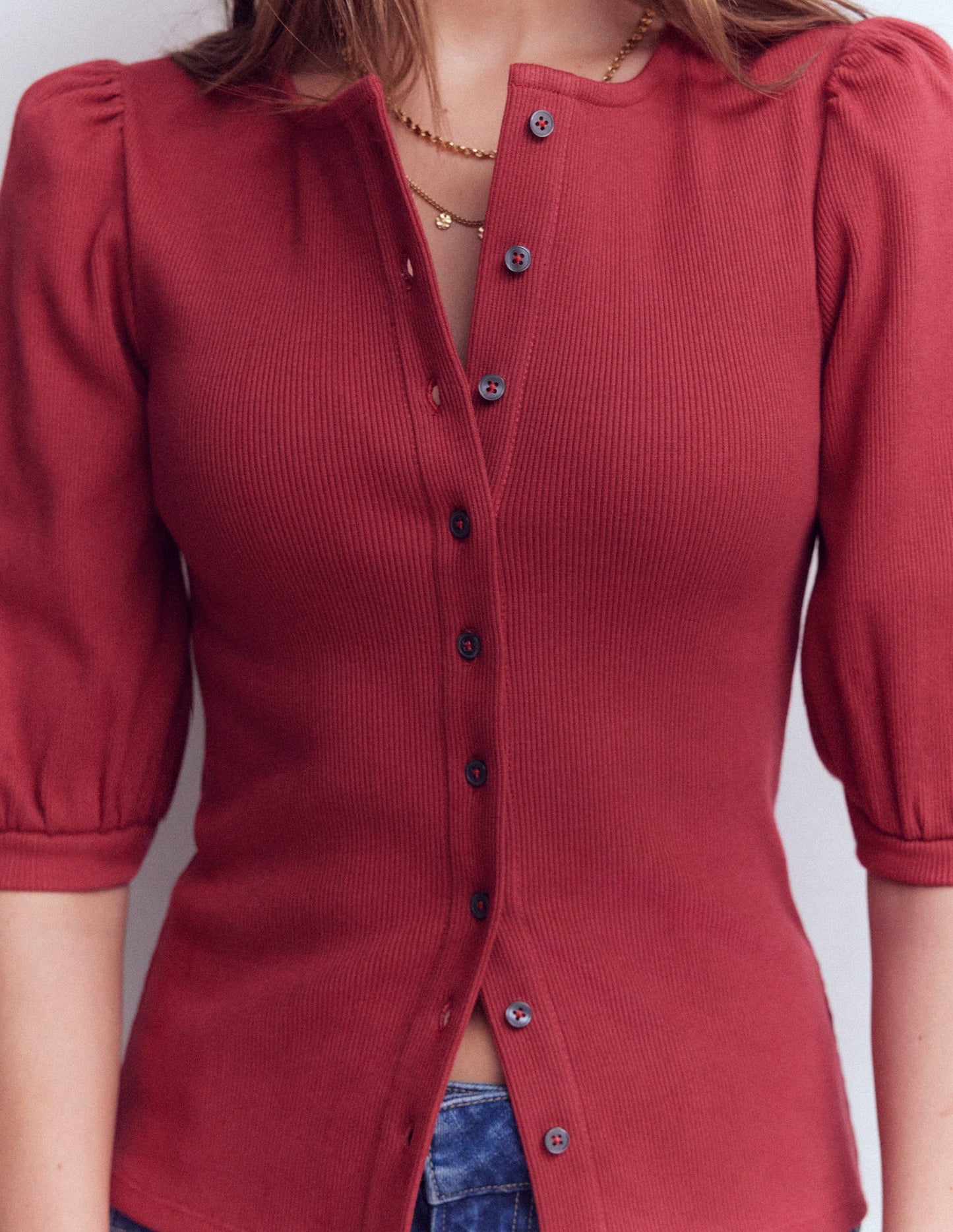 Evie Ribbed Puff Sleeve Top-Earth Red