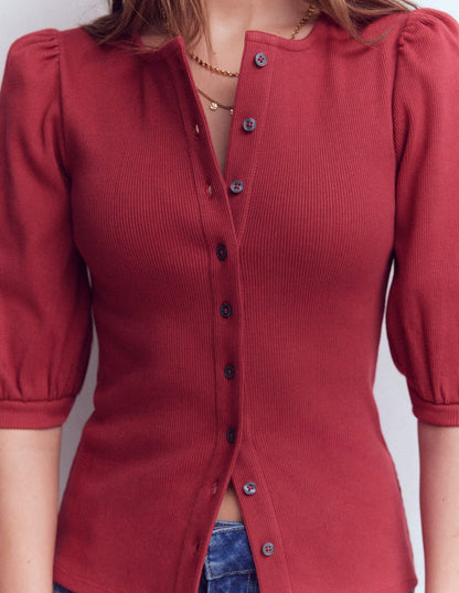 Evie Ribbed Puff Sleeve Top-Earth Red-2