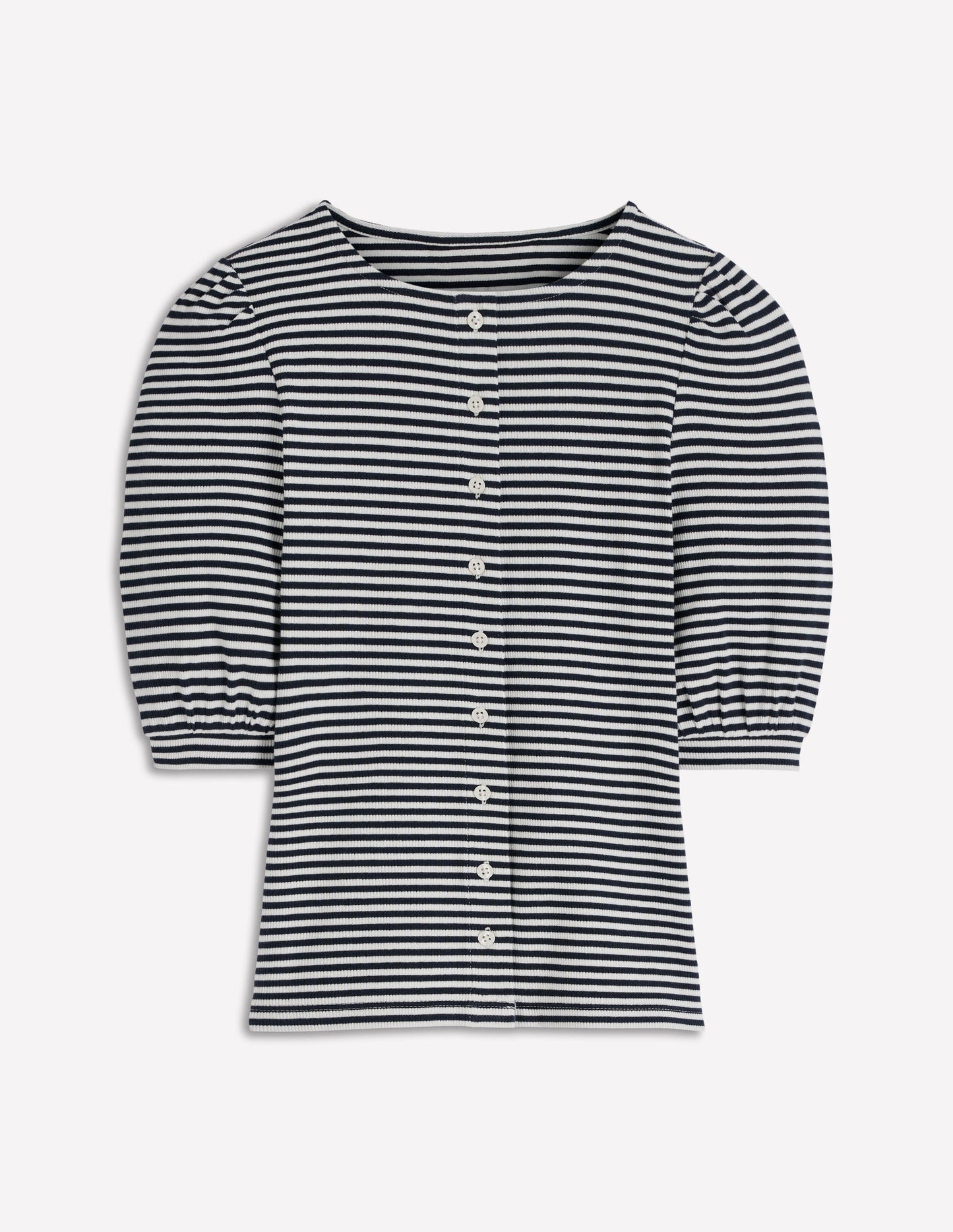 Evie Ribbed Puff Sleeve Top-Ivory, Navy Stripe