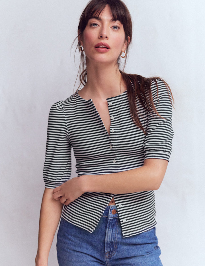 Evie Ribbed Puff Sleeve Top-Ivory, Navy Stripe