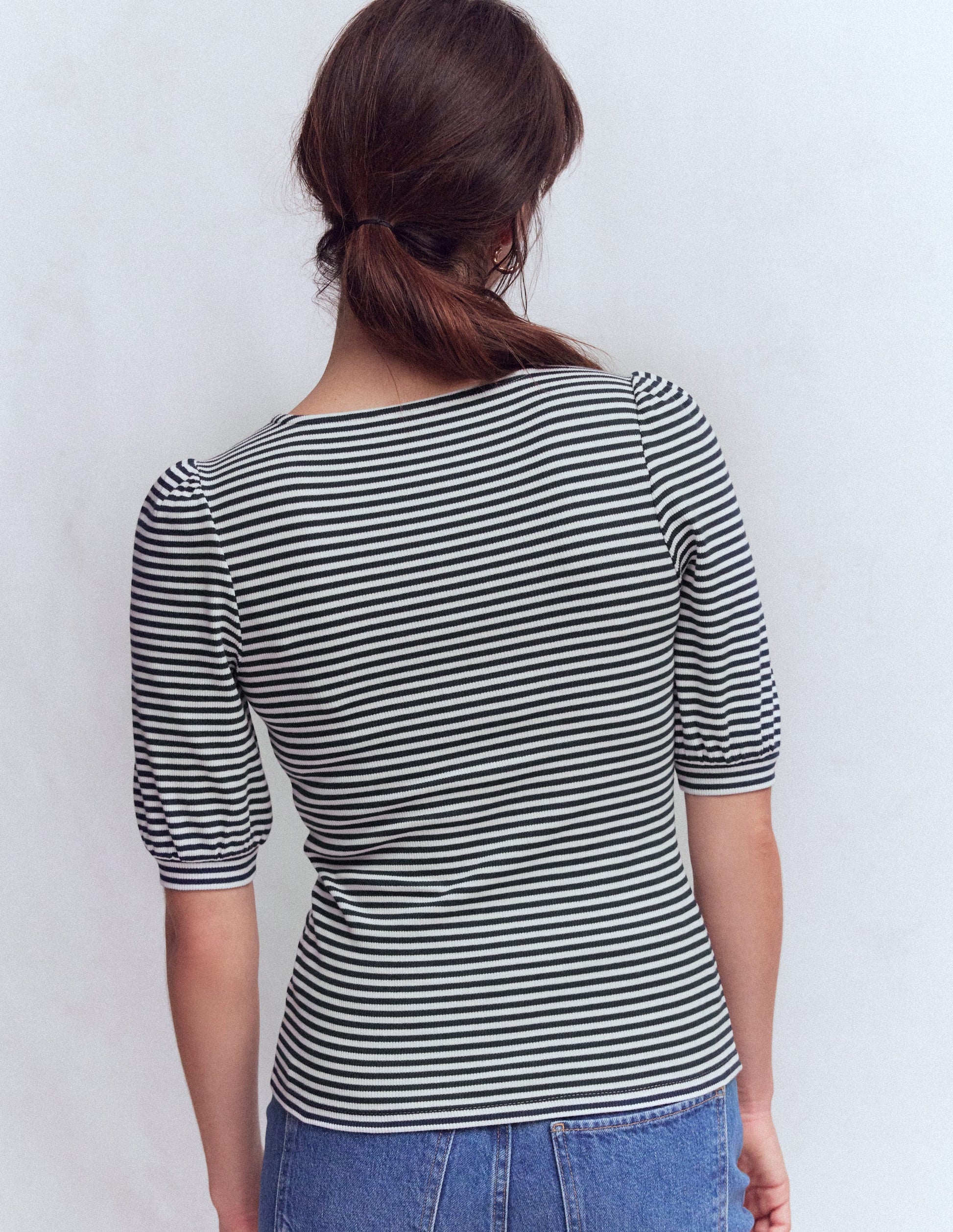 Evie Ribbed Puff Sleeve Top-Ivory, Navy Stripe-3