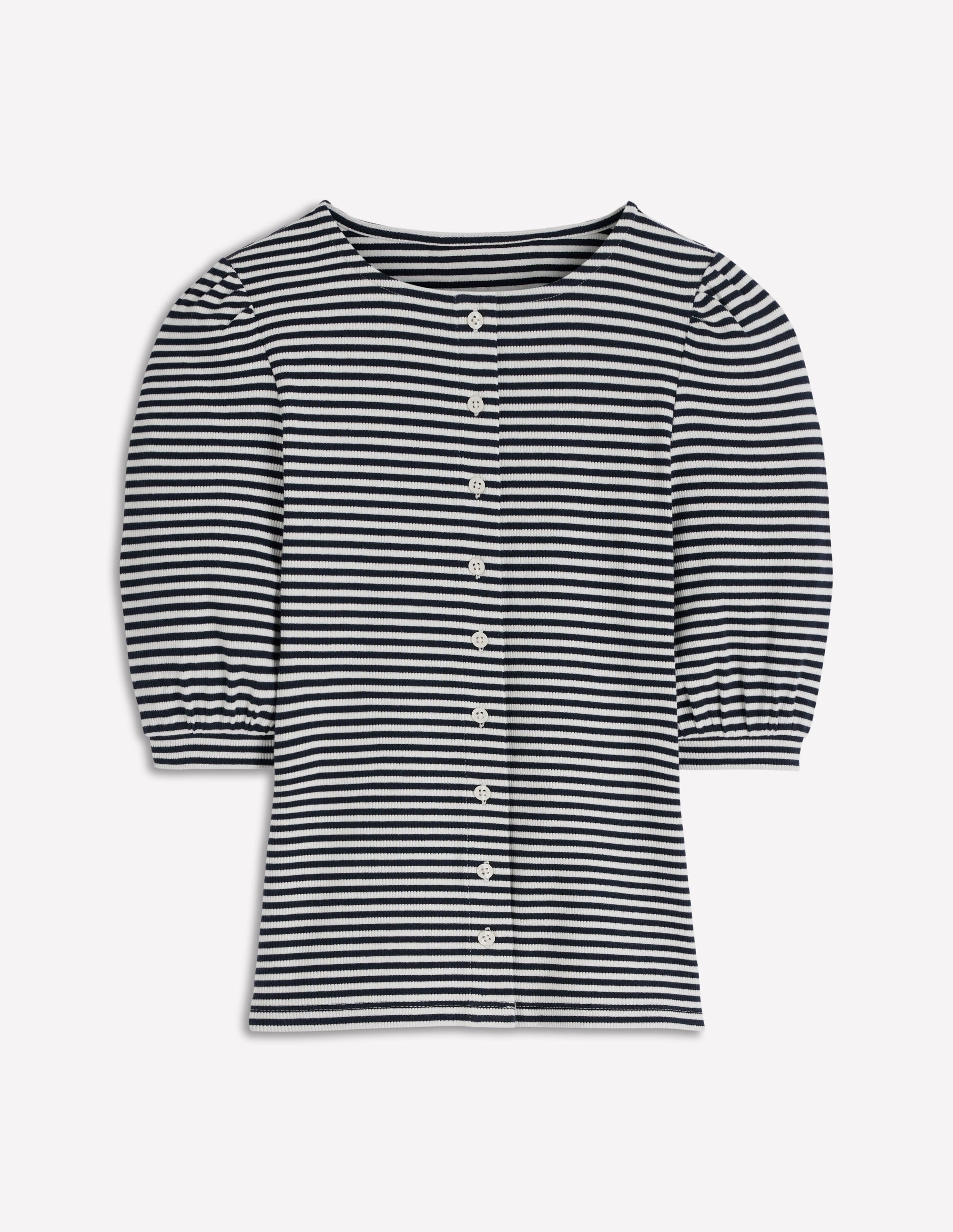Evie Ribbed Puff Sleeve Top-Ivory, Navy Stripe - Image 4