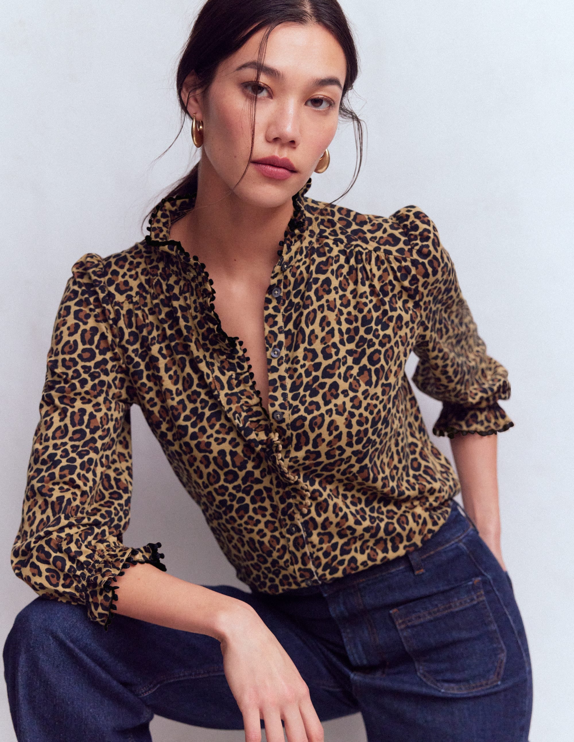 Emily Pom Trim Ruffle Shirt-Cheetah Spot - Image 1