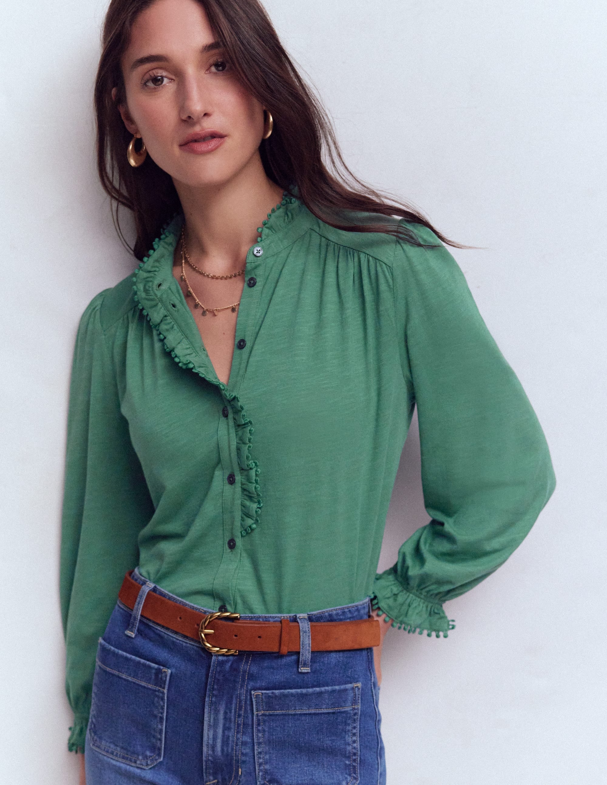 Emily Pom Trim Ruffle Shirt-Deep Jungle - Image 1
