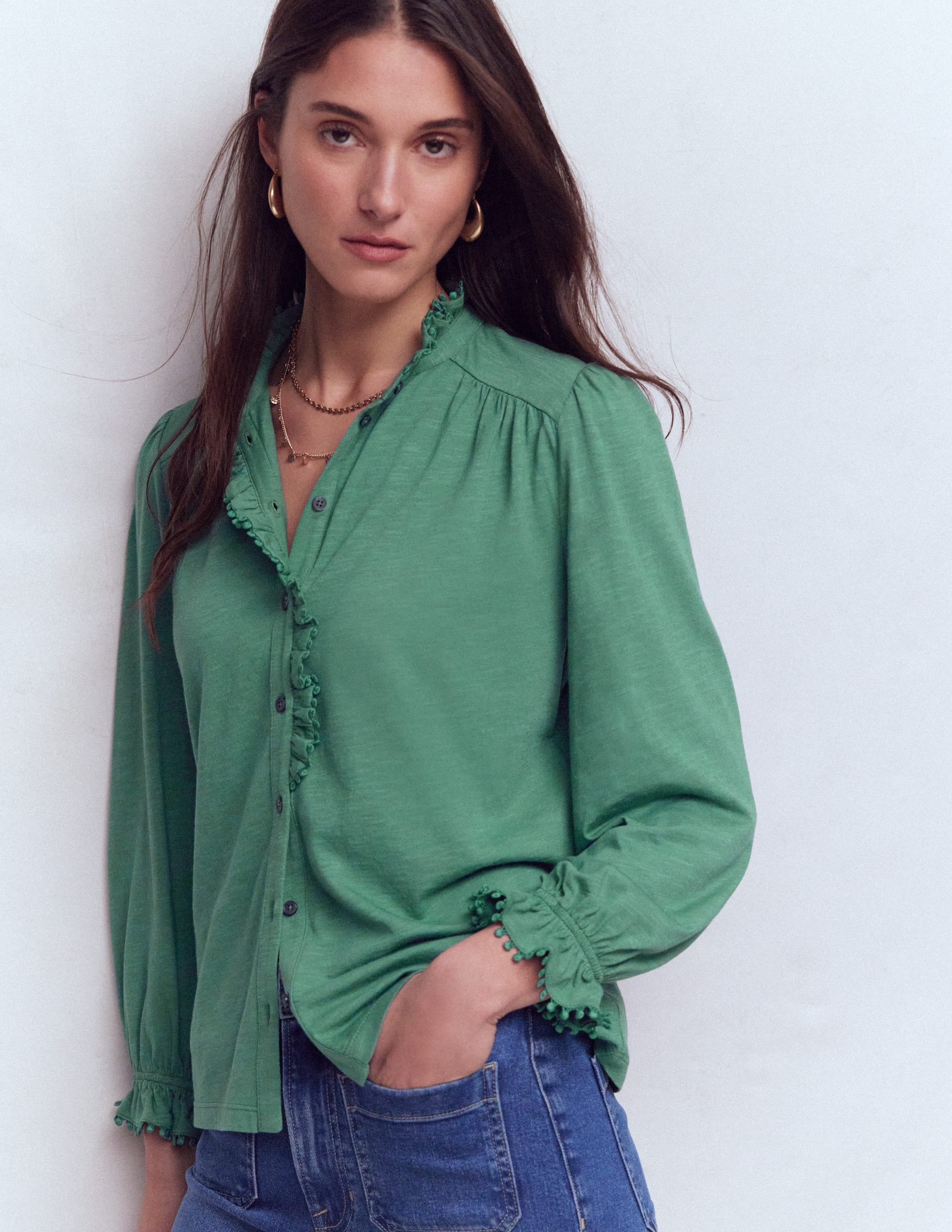 Emily Pom Trim Ruffle Shirt-Deep Jungle - Image 2