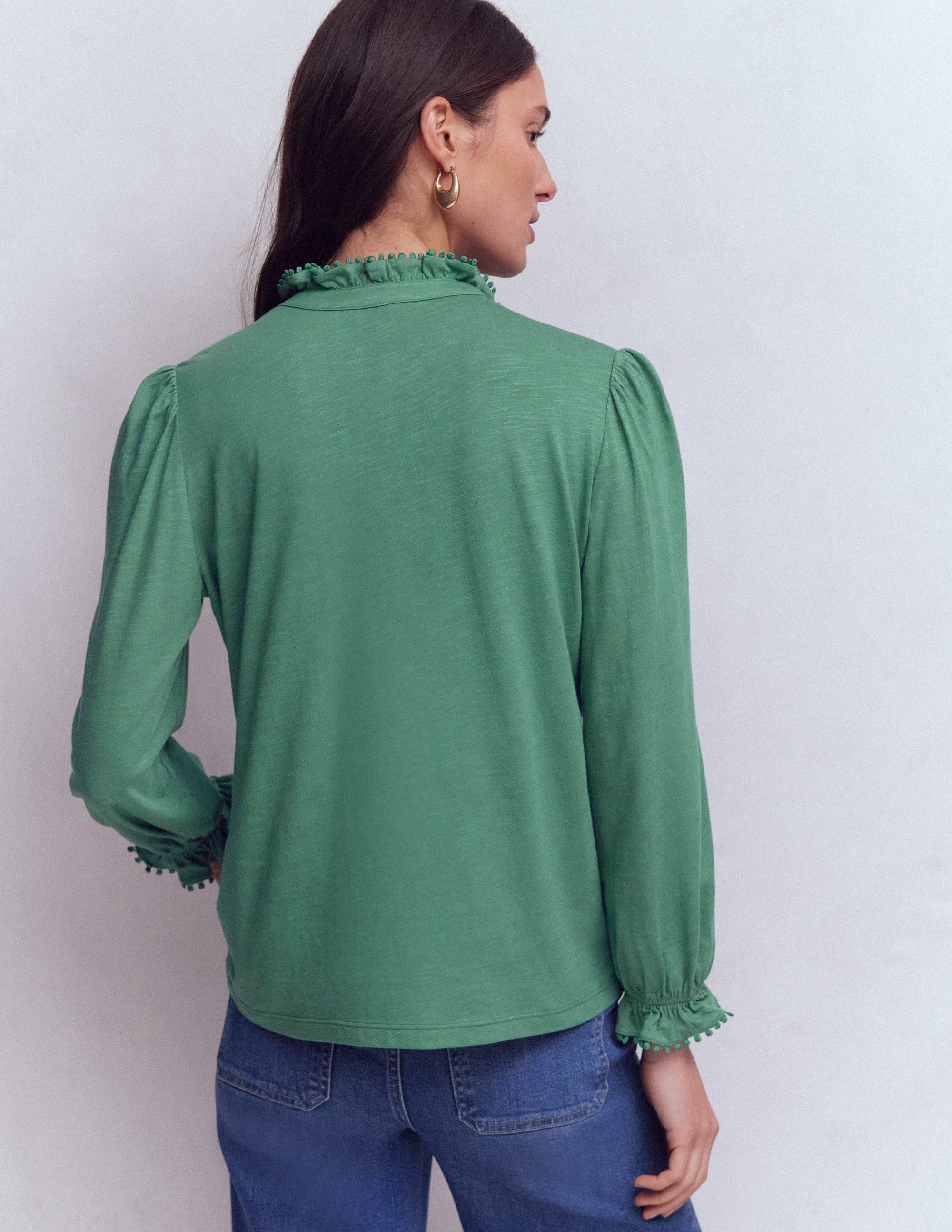 Emily Pom Trim Ruffle Shirt-Deep Jungle - Image 3